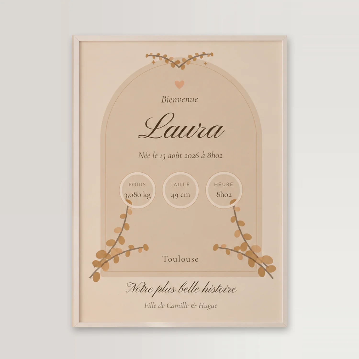 Affiche de naissance personnalisée arche fleurie, prénom Laura, date, poids et taille, dans un cadre blanc contre un mur