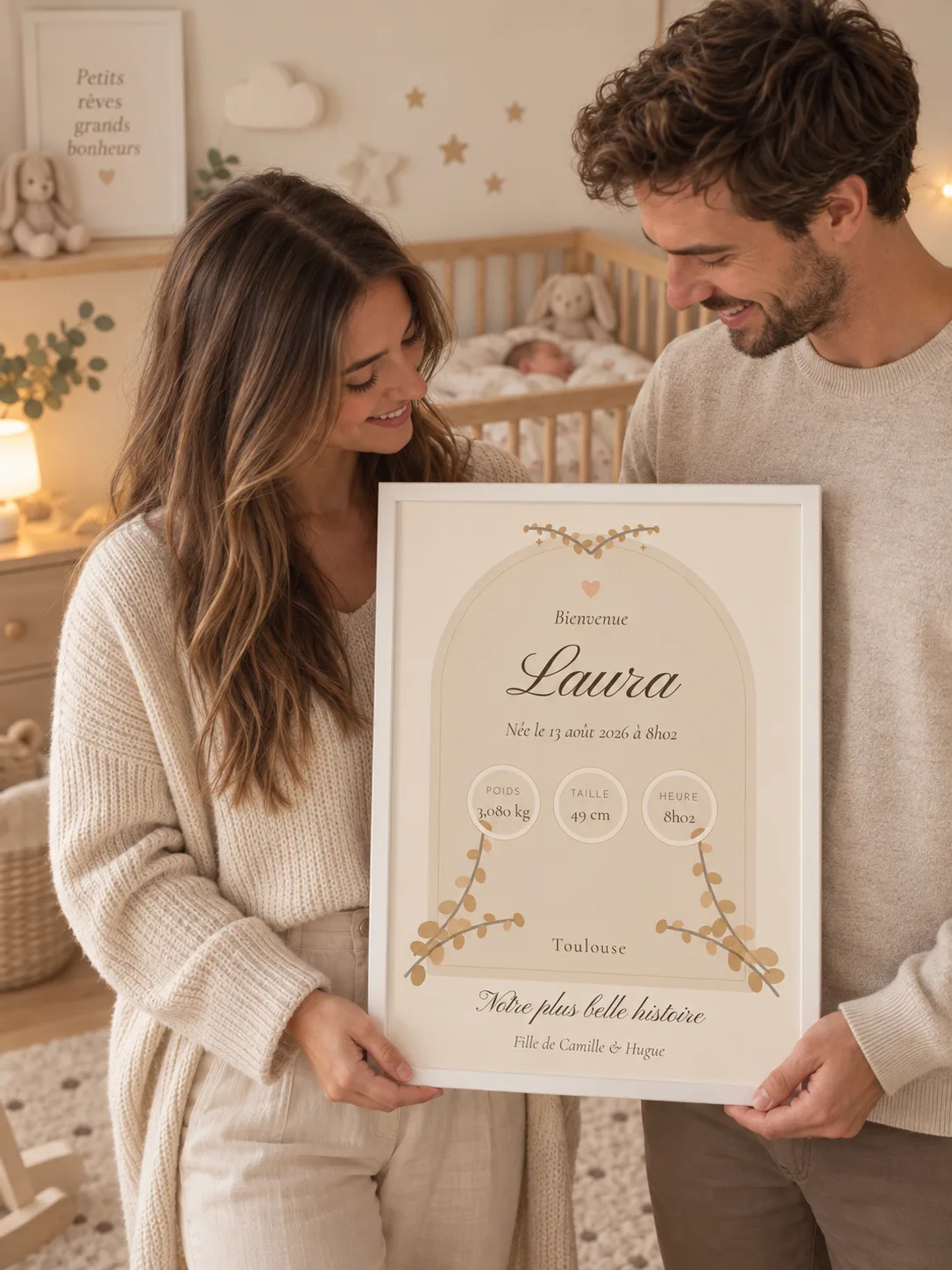 Des parents tiennent l’affiche de naissance personnalisée de leur fille, arche fleurie, cadre blanc, dans la chambre