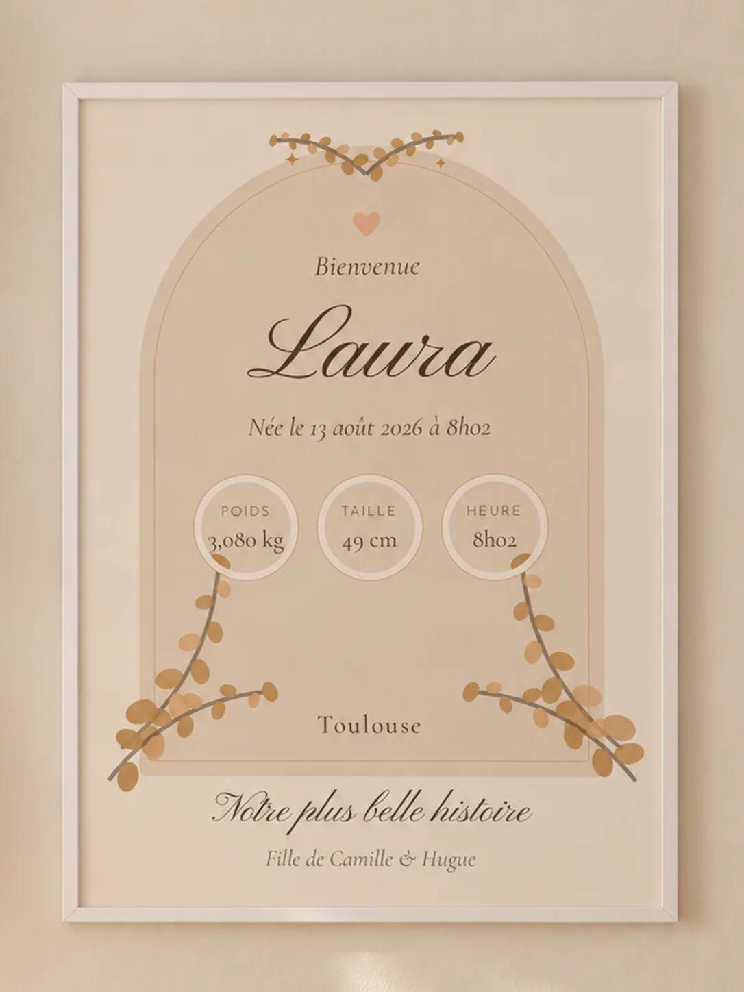 Affiche de naissance arche fleurie à plat : prénom calligraphié, date, heure, poids, taille et lieu, cadre blanc