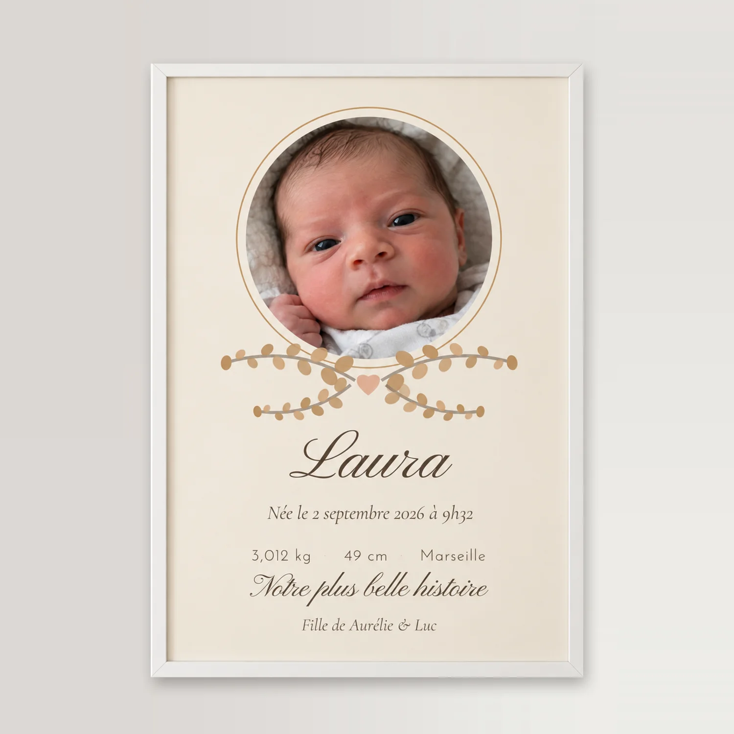 Affiche de naissance avec photo, portrait du nouveau-né dans un médaillon, prénom Laura, date, poids et taille, cadre blanc