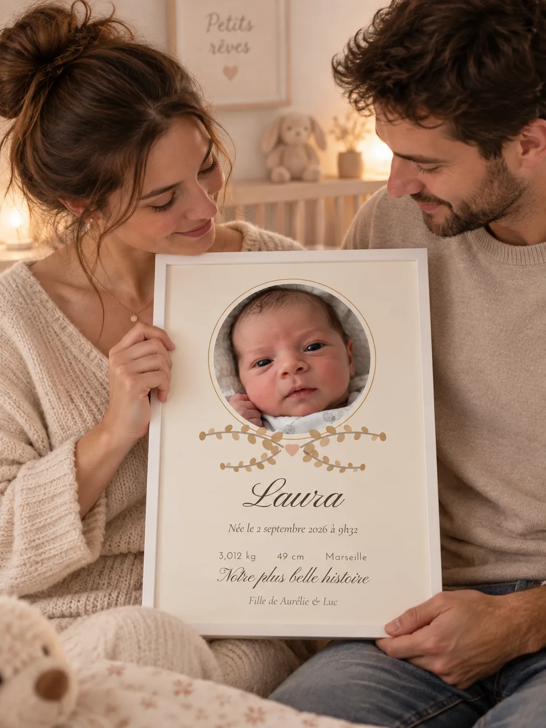 Des parents tiennent l’affiche de naissance avec la photo de leur fille, cadre blanc, dans la chambre
