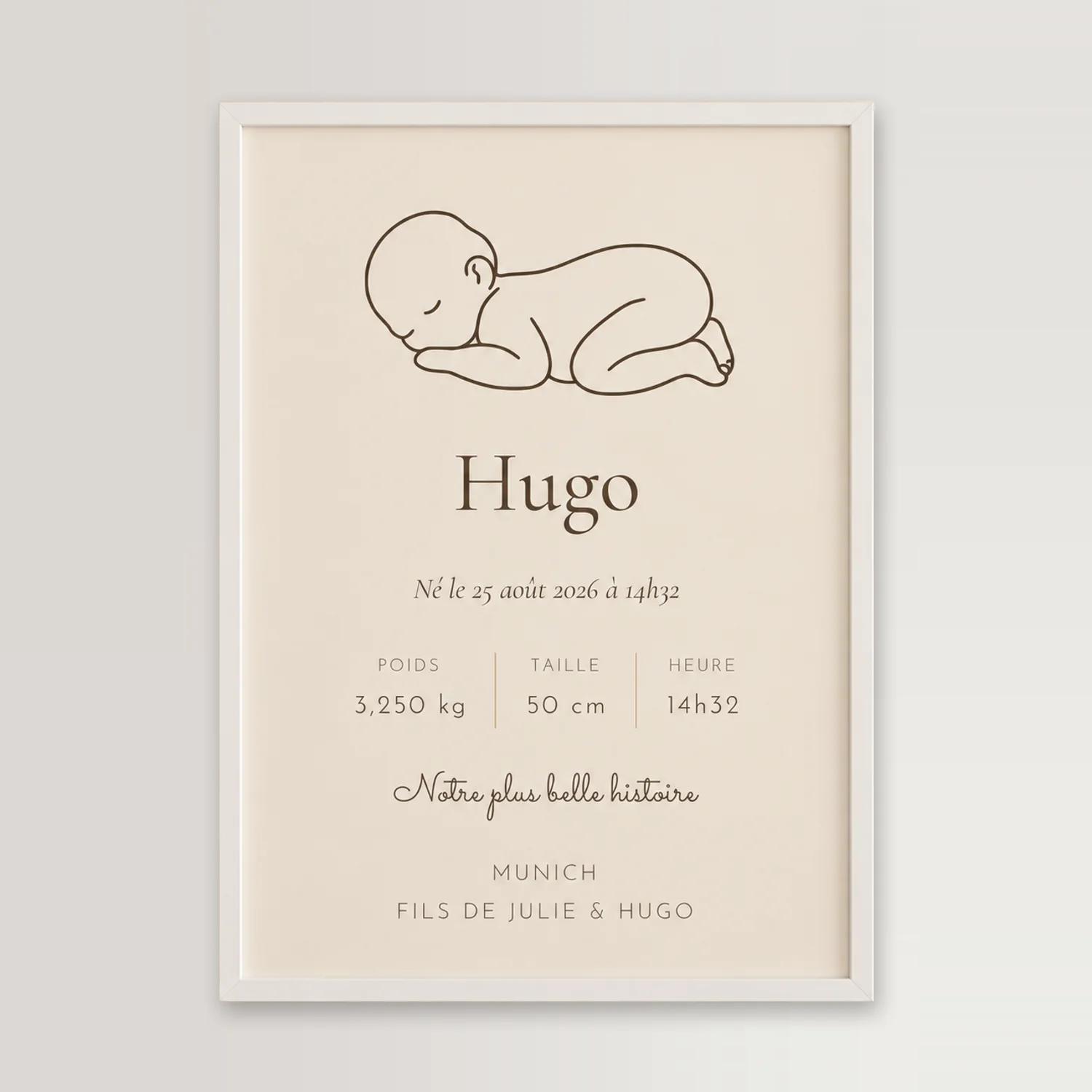 Affiche de naissance silhouette, un nouveau-né endormi dessiné au trait, prénom Hugo, date, poids et taille, cadre blanc