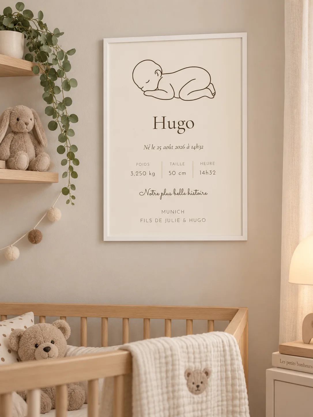 Affiche de naissance silhouette encadrée de blanc au mur d’une chambre de bébé, au-dessus d’un lit à barreaux