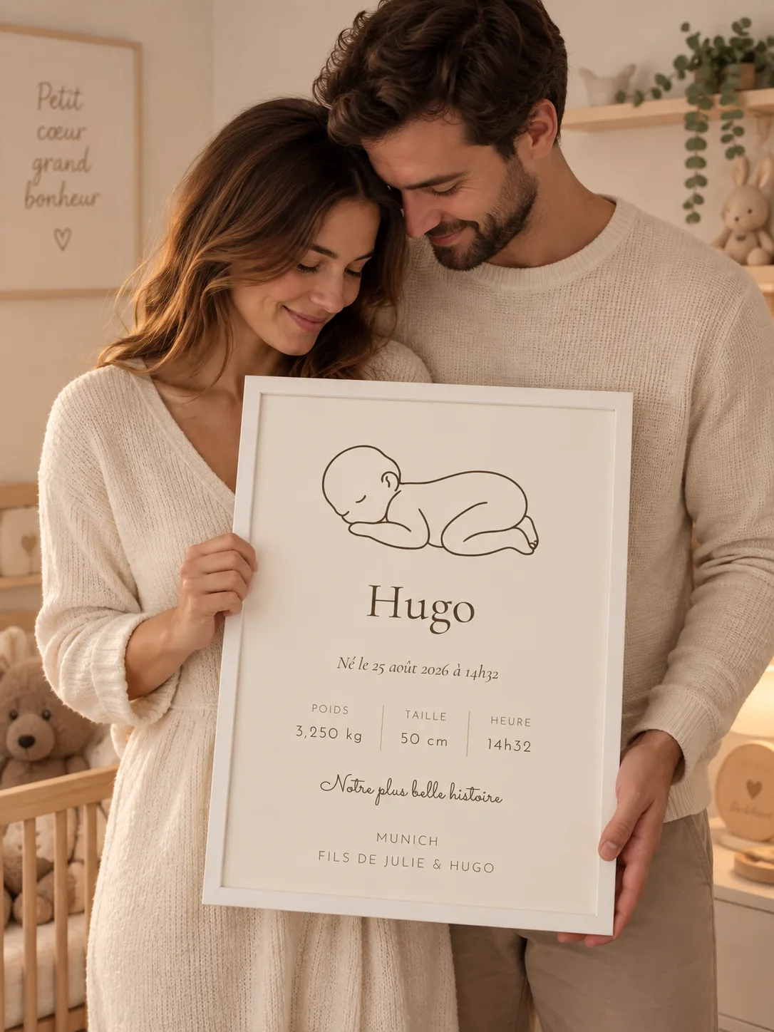 Des parents tiennent l’affiche de naissance silhouette de leur fils, cadre blanc, dans la chambre du bébé