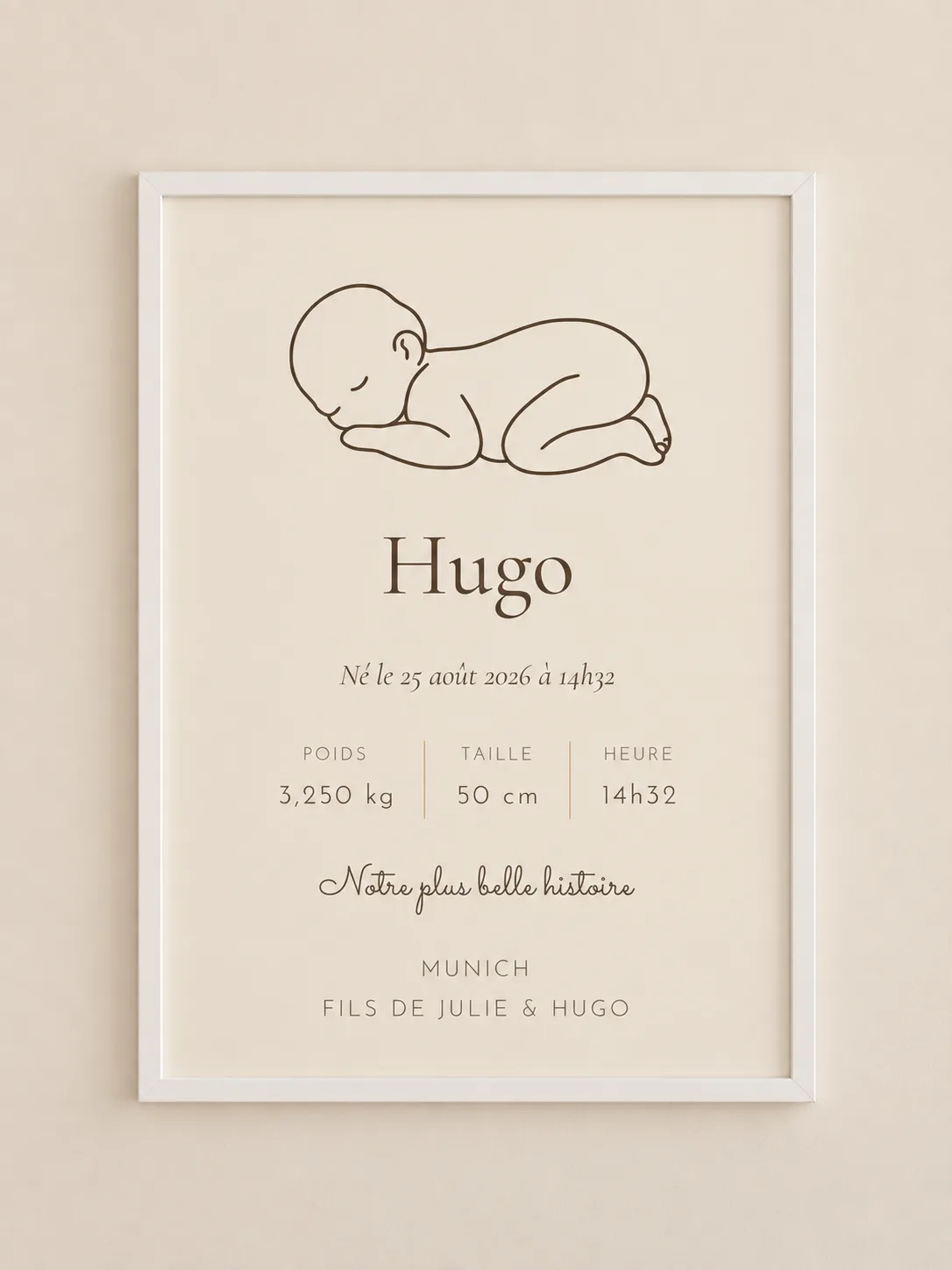 Affiche de naissance silhouette à plat : bébé endormi au trait, prénom, date, heure, poids, taille et ville