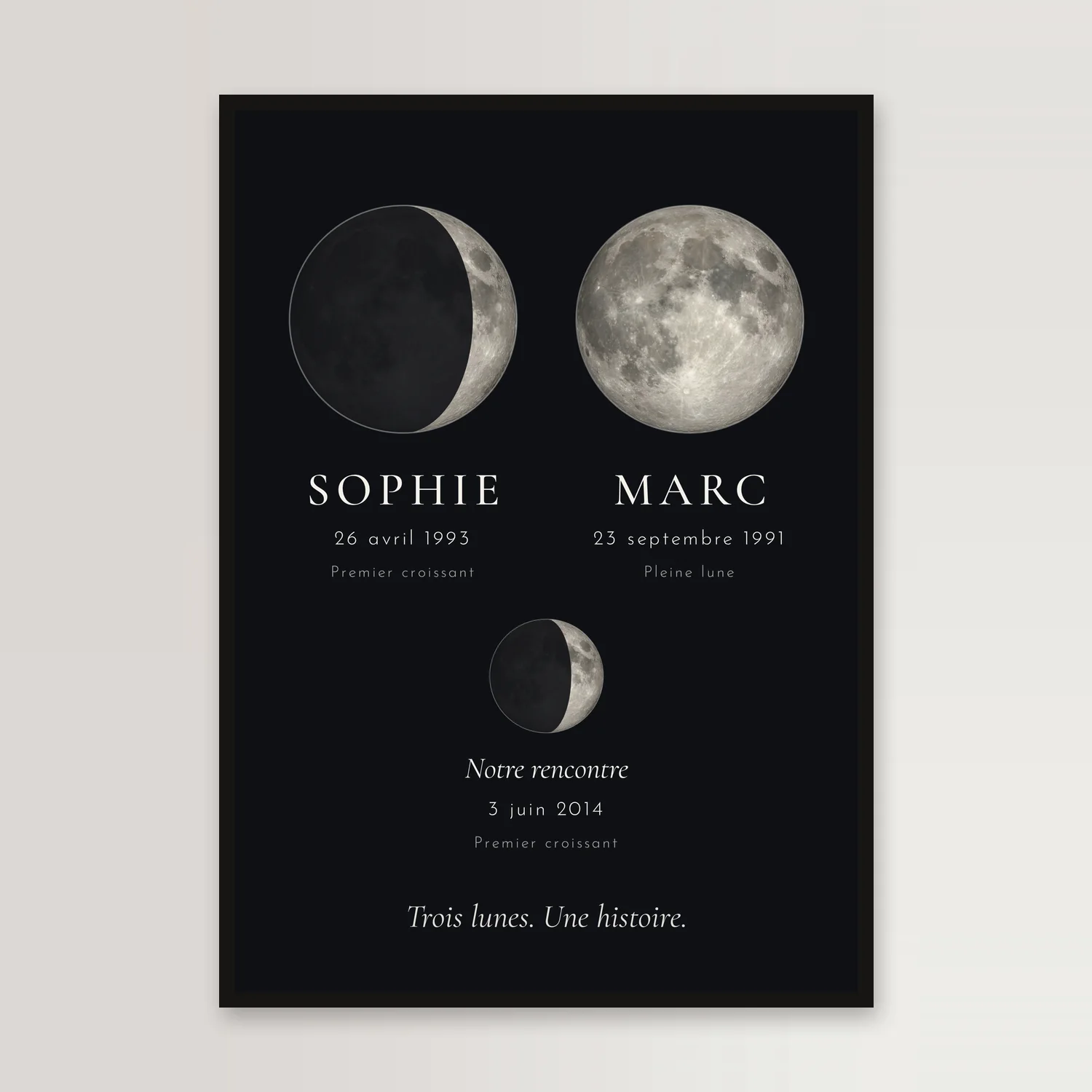 Affiche noire dans un cadre noir, sur un mur clair : deux grandes lunes, un premier croissant pour SOPHIE, 26 avril 1993, une pleine lune pour MARC, 23 septembre 1991, et dessous une plus petite, « Notre rencontre », 3 juin 2014 ; « Trois lunes. Une histoire. »