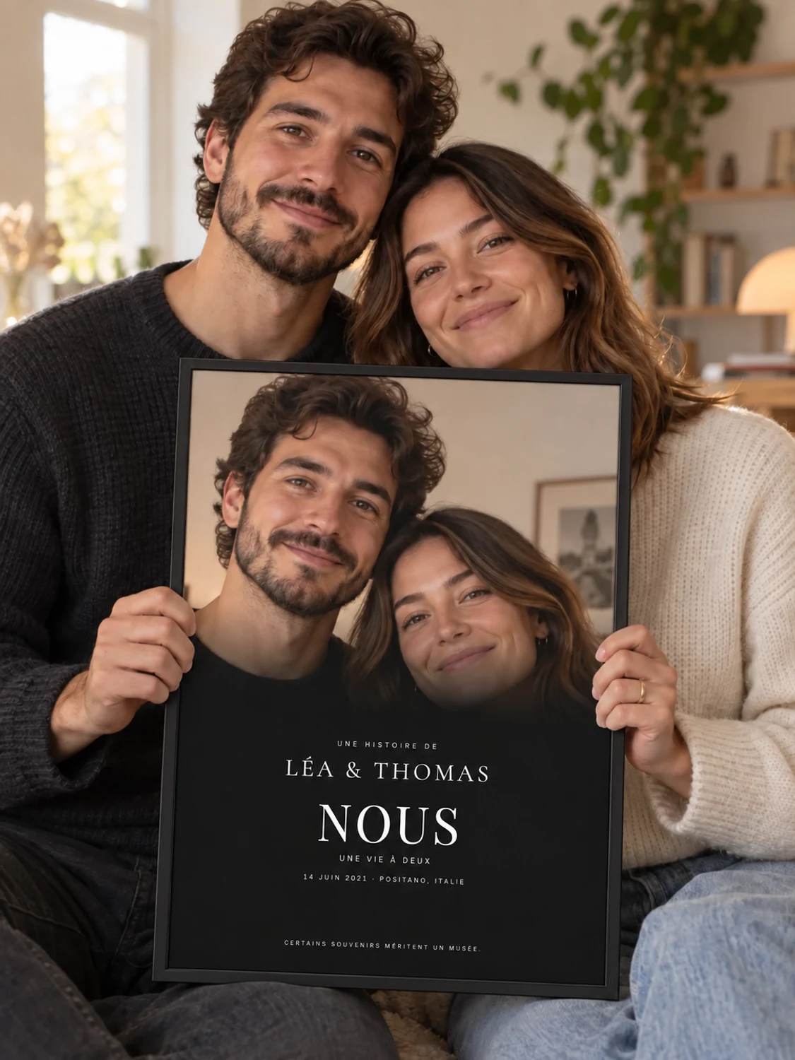 Ein Paar um die 35 hält ein Foto-Poster Musée de Nous aus der Kollektion Cinéma im schmalen Rahmen aus hellem Holz