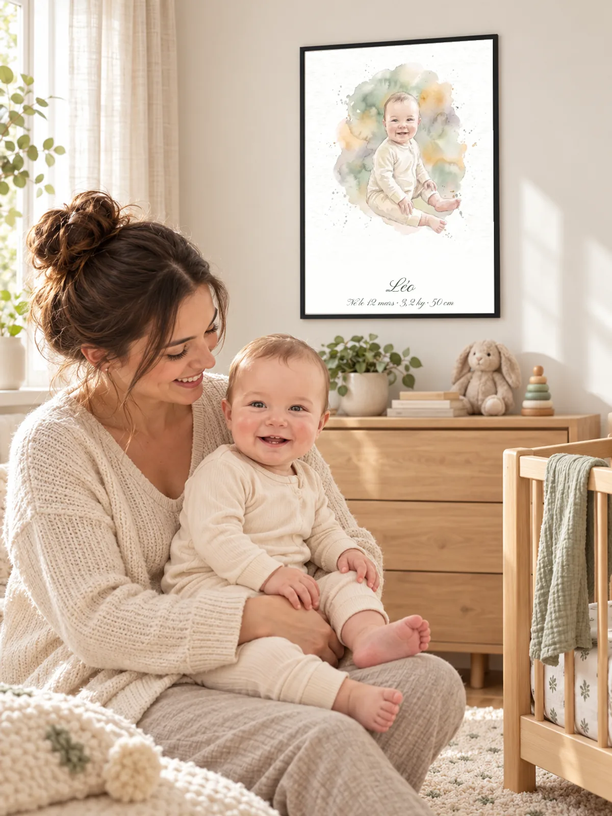 Dans une chambre de bébé, une mère porte son enfant sous le portrait à l’aquarelle de Léo accroché au mur