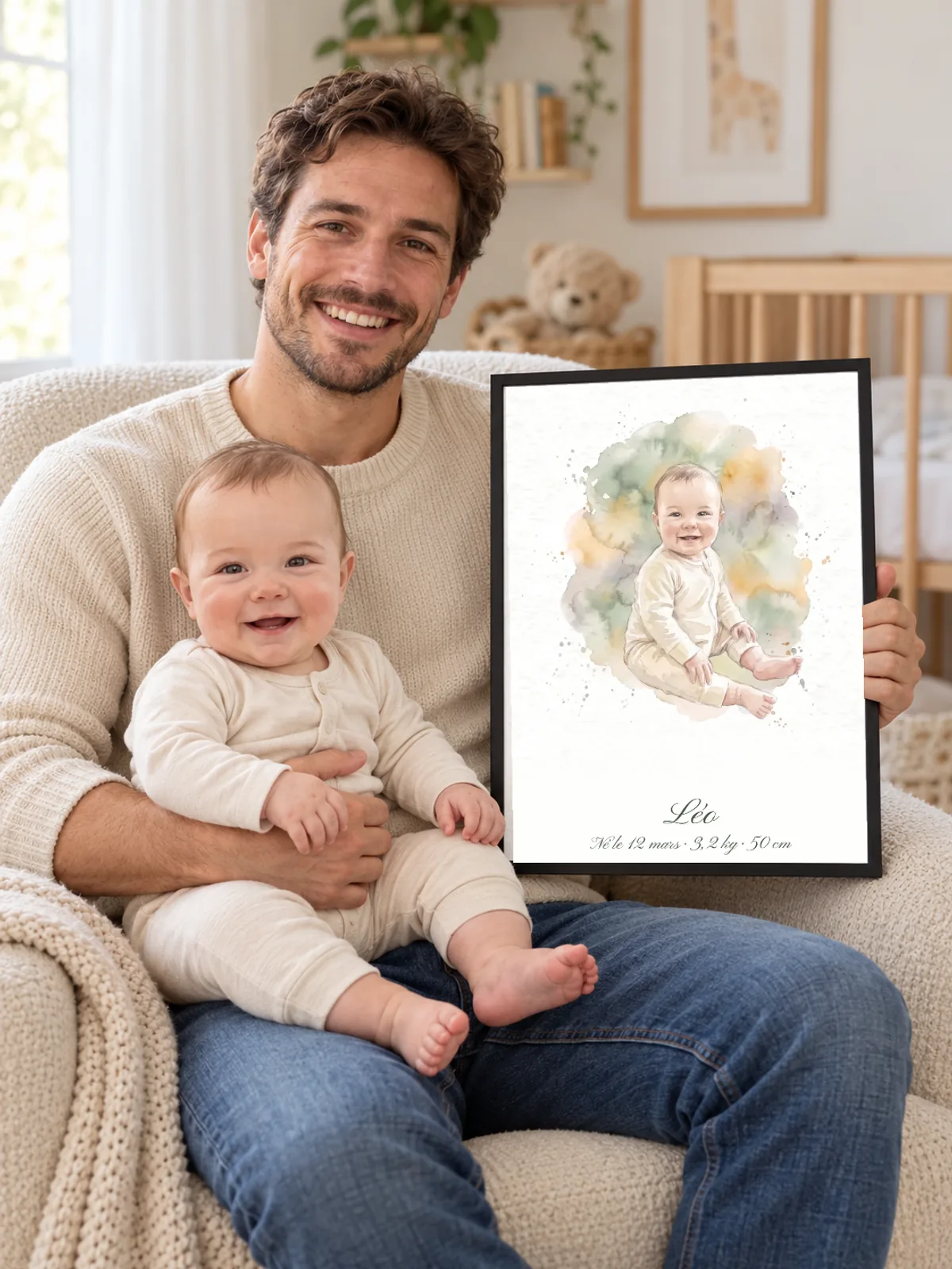 Un père tient le portrait encadré de Léo dans une chambre claire, son bébé assis sur ses genoux