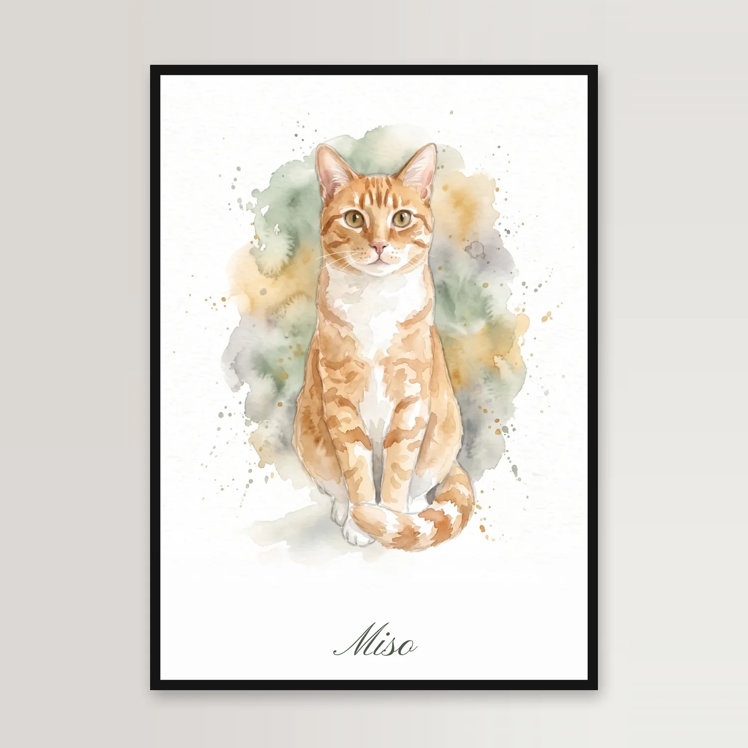 Affiche encadrée de noir au mur : un chat tigré roux assis, peint à l’aquarelle sur un nuage vert sauge et ocre, son nom, Miso, écrit en script dessous