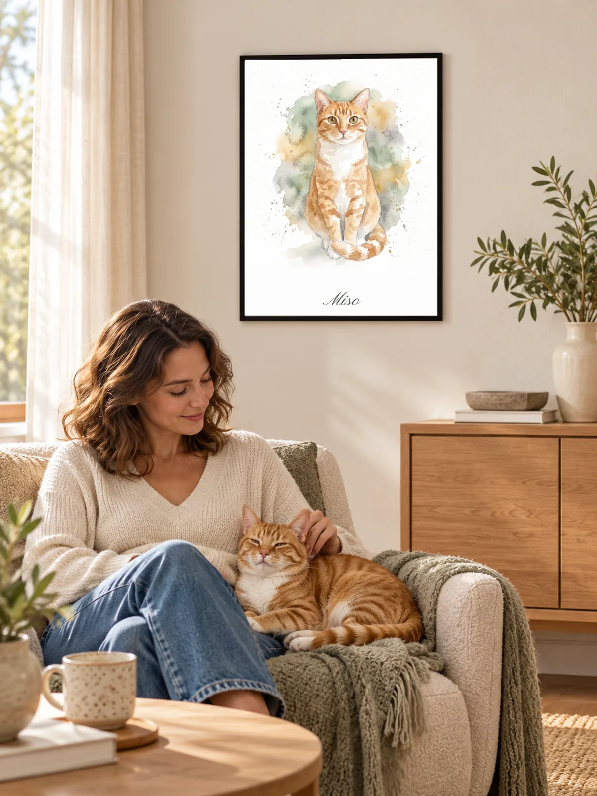 Dans un salon lumineux, le portrait aquarelle de Miso est accroché au mur au-dessus d’une femme qui caresse son chat roux