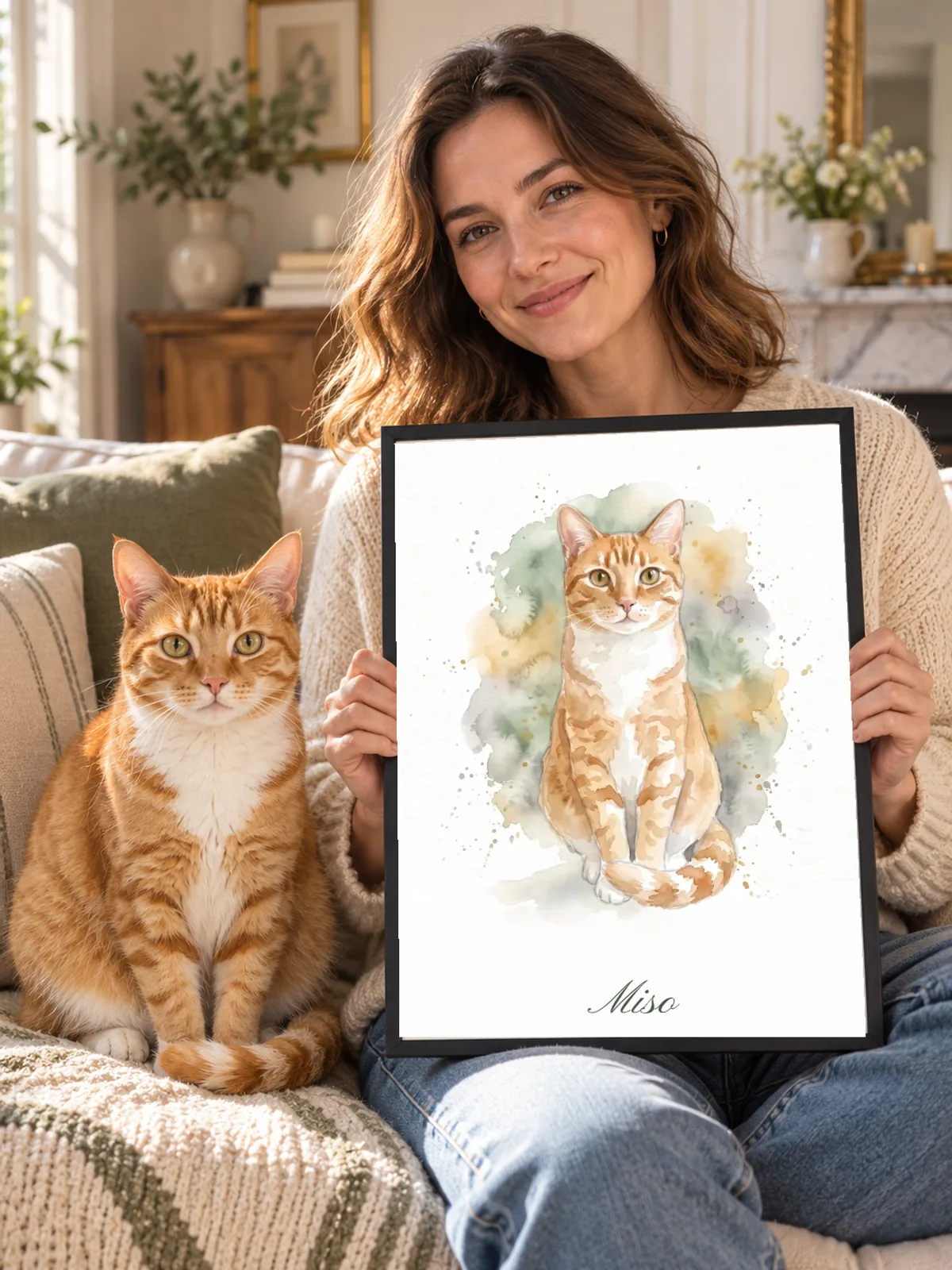 Une femme tient le portrait encadré de Miso, assise près de son chat roux sur un canapé