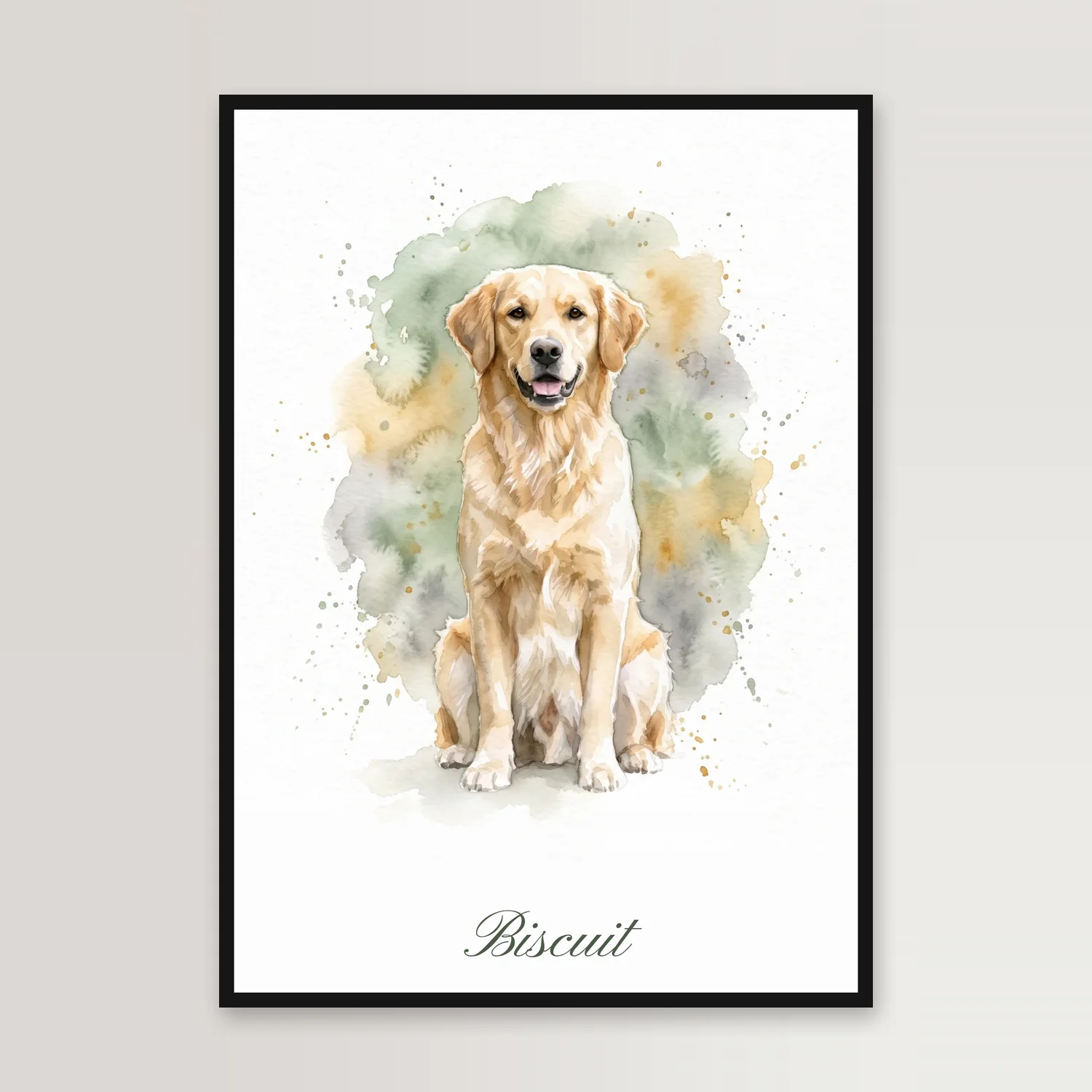 Affiche encadrée de noir au mur : un golden retriever assis, peint à l’aquarelle sur une tache vert sauge et ocre, son nom, Biscuit, écrit en script dessous