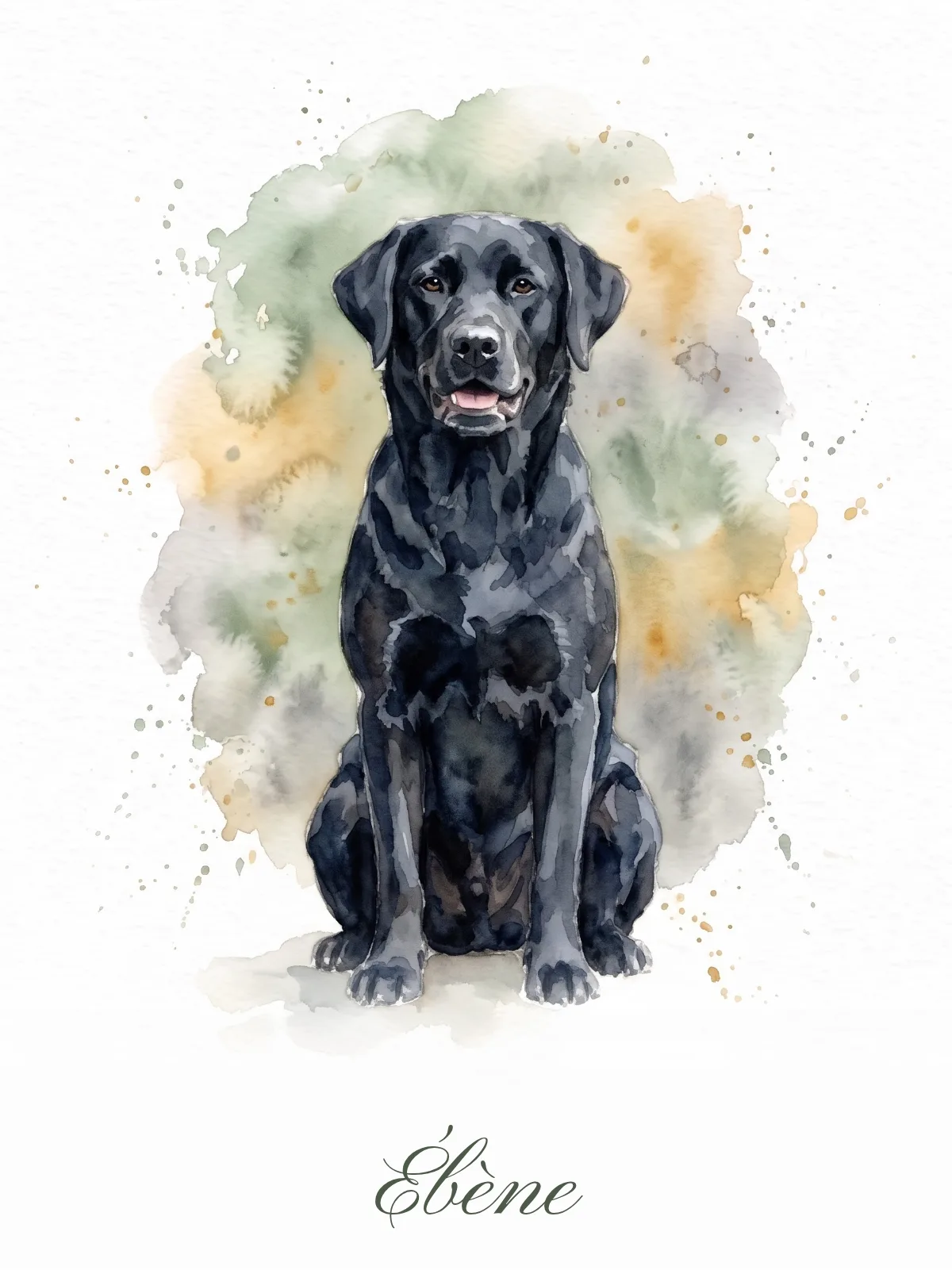 Affiche : un labrador noir assis, peint à l’aquarelle sur une tache vert sauge et ocre, son nom, Ébène, en écriture manuscrite dessous