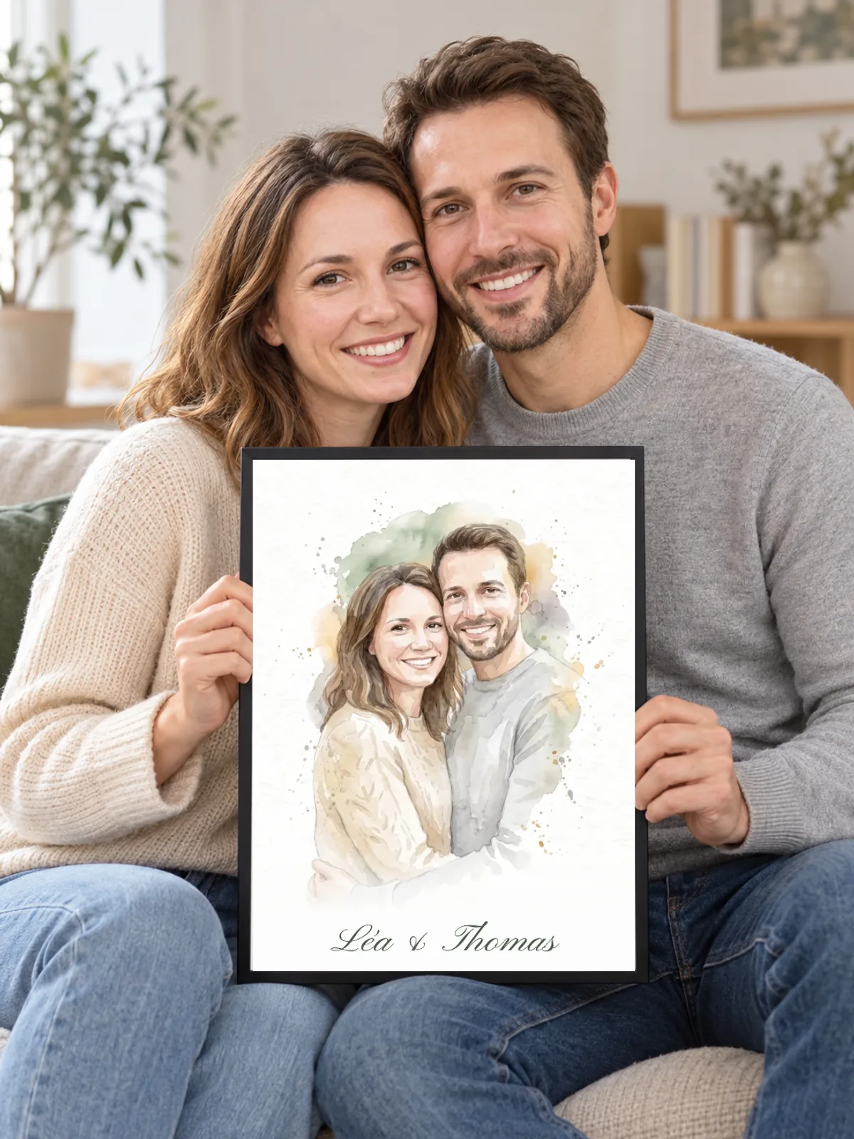 Léa et Thomas, assis côte à côte, tiennent leur portrait à l’aquarelle dans un cadre noir