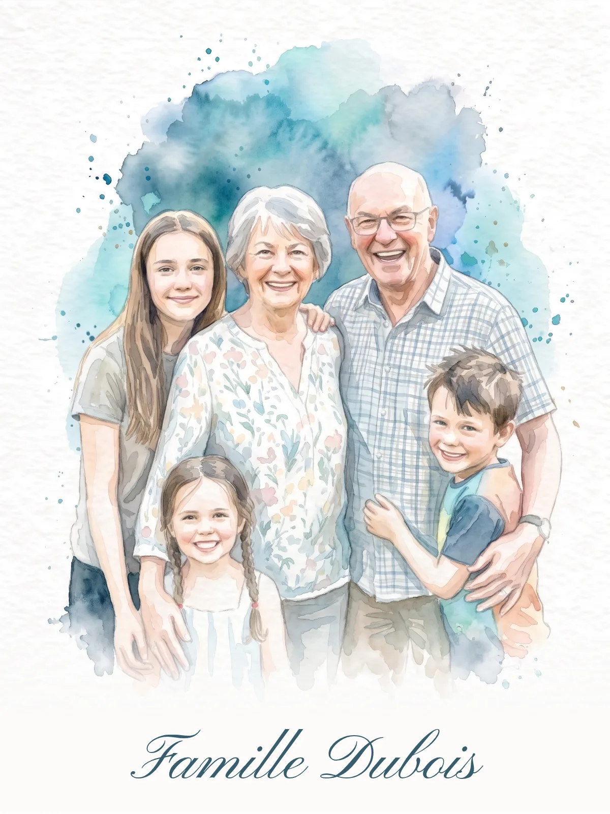 Des grands-parents entourés de leurs trois petits-enfants, peints à l’aquarelle sur un nuage bleu turquoise et gris bleuté, le nom Famille Dubois en écriture manuscrite dessous