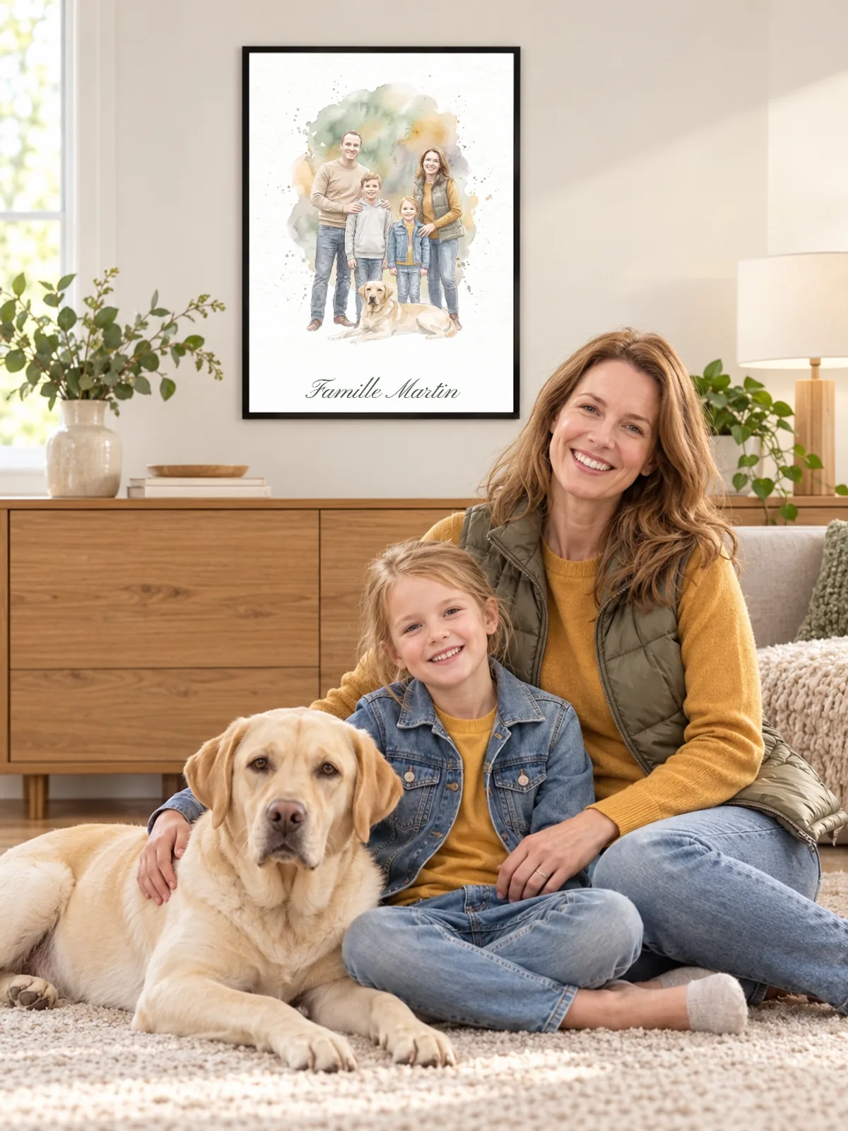 Une mère, sa fille et leur labrador sont assis dans le salon sous le portrait encadré de la famille Martin