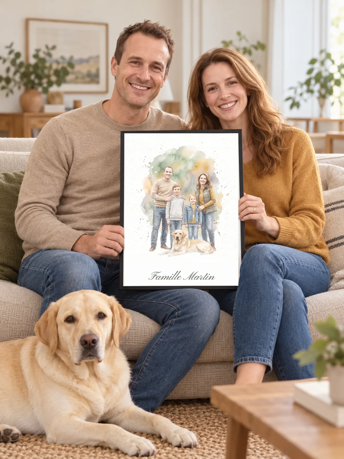 Deux parents tiennent le portrait aquarelle de leur famille, assis sur un canapé près de leur labrador