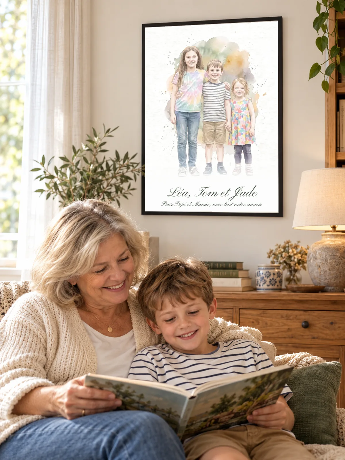 Une grand-mère lit avec son petit-fils sous le portrait encadré de Léa, Tom et Jade dans son salon
