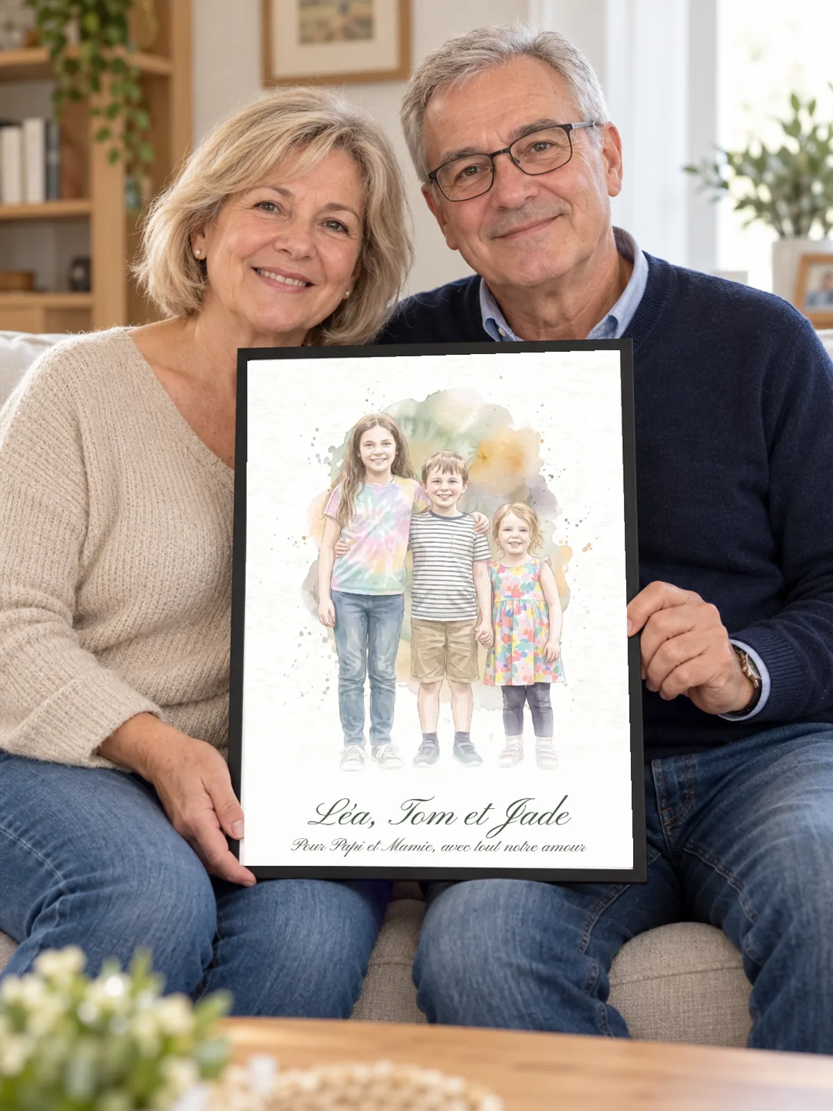 Deux grands-parents assis côte à côte tiennent le portrait à l’aquarelle de Léa, Tom et Jade
