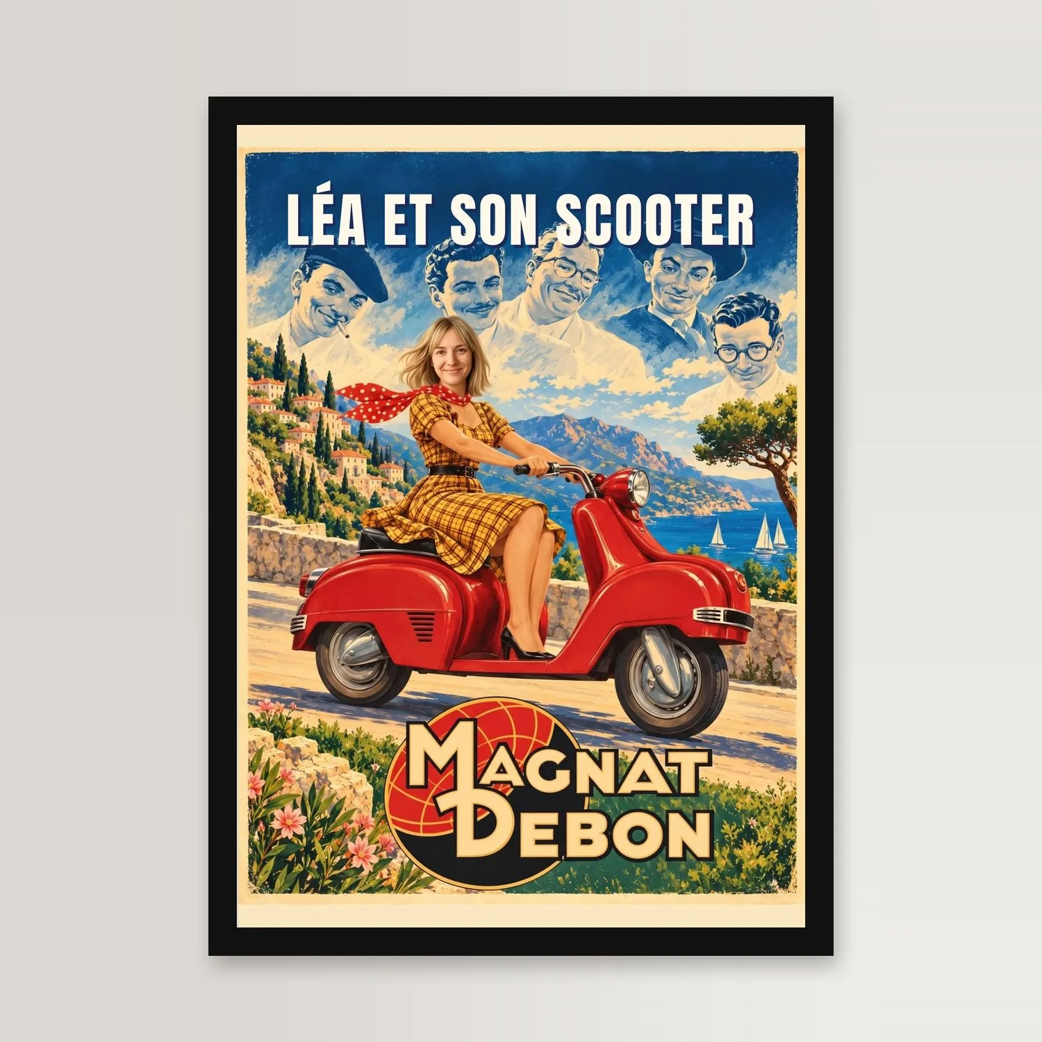 Affiche de scooter dans un cadre noir sur un mur clair : une femme blonde aux cheveux mi-longs, robe jaune à carreaux et foulard rouge à pois, au guidon d’un scooter rouge sur la Côte d’Azur, cinq visages d’hommes dans le ciel, le titre « LÉA ET SON SCOOTER » et le logo MAGNAT DEBON en bas