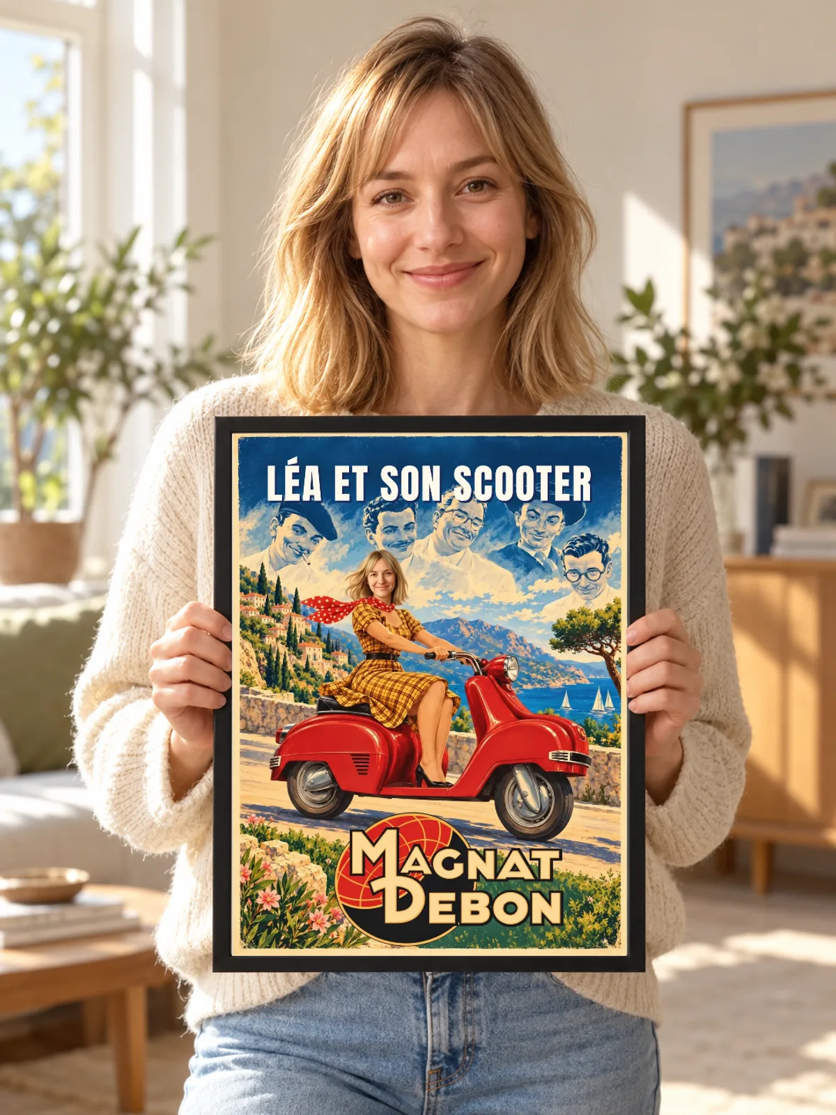 Dans un salon, une femme tient l’affiche du scooter rouge sur la Côte d’Azur dans un cadre noir fin.