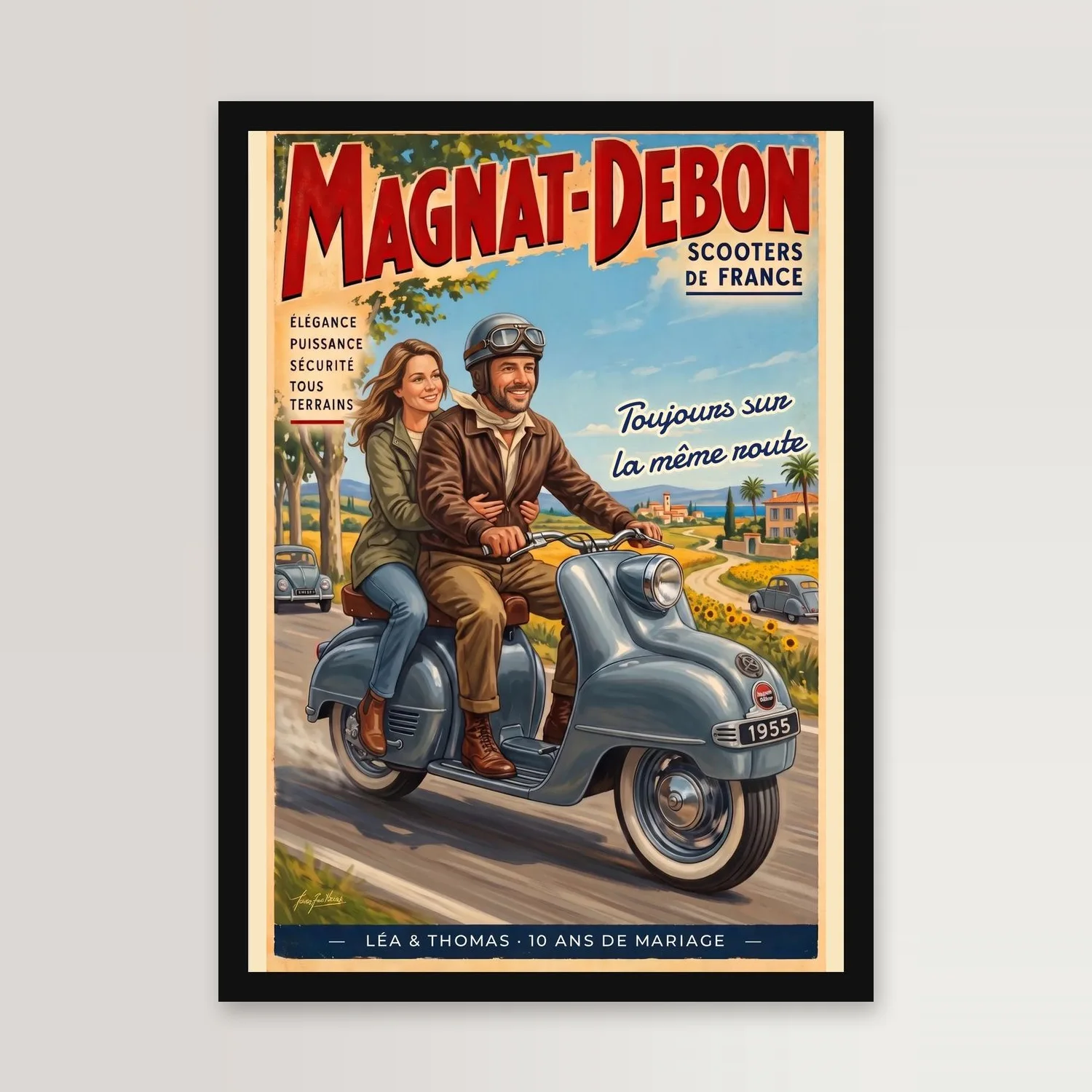 Affiche de scooter vintage dans un cadre noir sur un mur clair : titre MAGNAT-DEBON en capitales rouges, un couple sur un scooter gris-bleu de 1955 — lui au guidon, casque et lunettes d’époque, blouson de cuir ; elle derrière, en veste kaki —, route de campagne entre tournesols, phrase « Toujours sur la même route » et bandeau bleu « LÉA & THOMAS · 10 ANS DE MARIAGE »