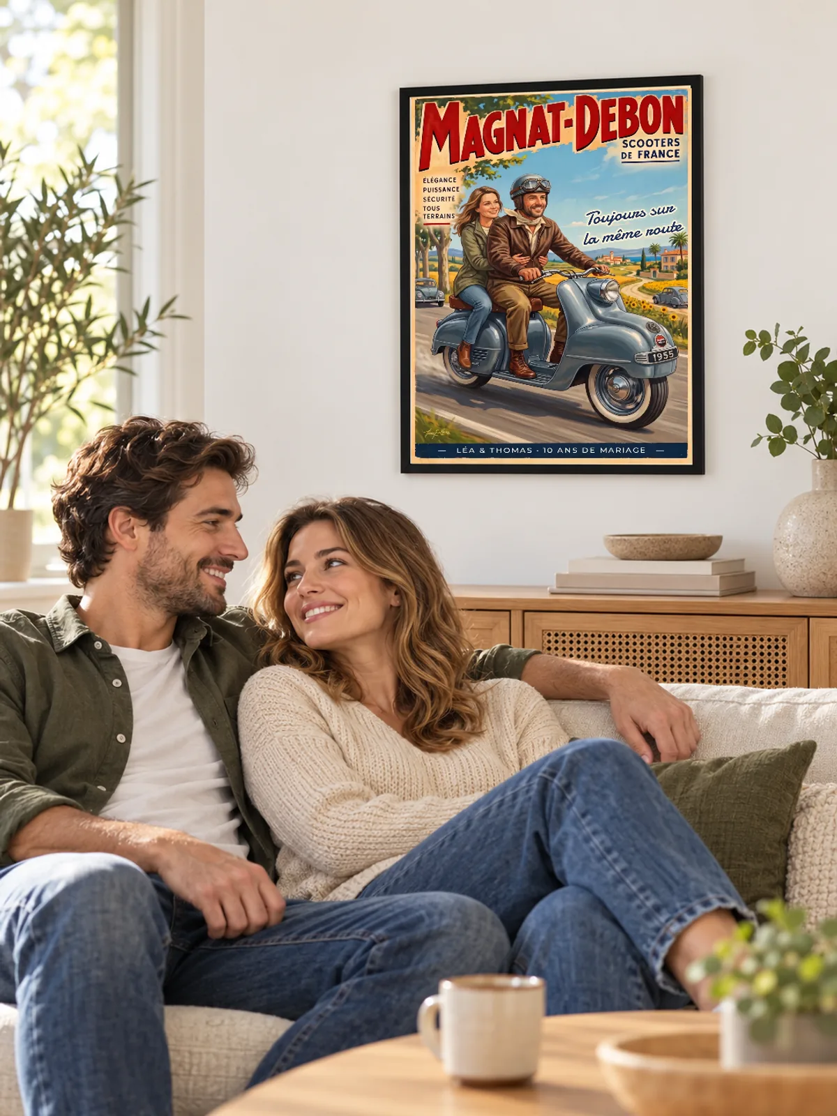Dans un salon, l’affiche de scooter vintage avec Léa et Thomas est accrochée au mur dans un cadre noir fin près de un couple.