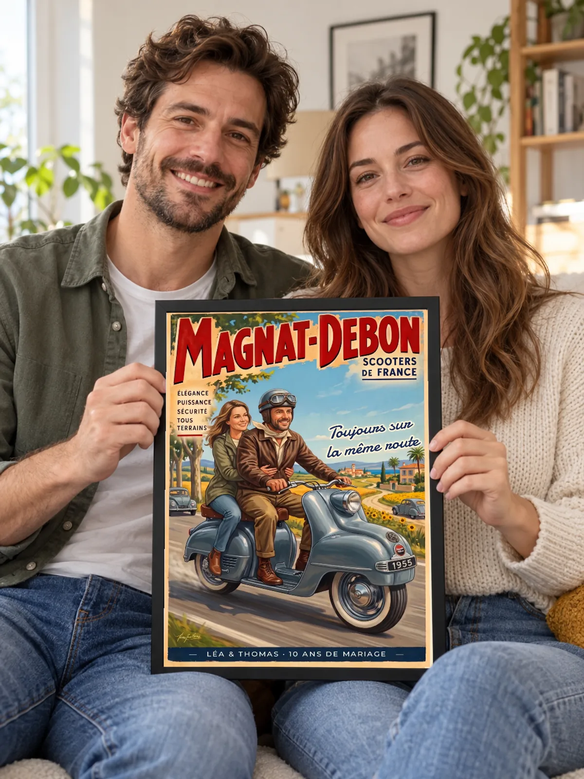 Dans un salon, un couple tient l’affiche de scooter vintage avec Léa et Thomas dans un cadre noir fin.
