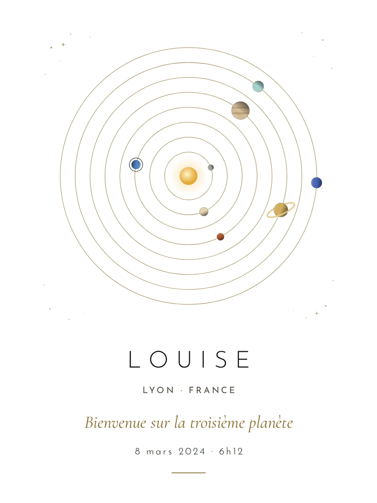 White print: the golden Sun at the centre of eight fine gold orbits, the planets where they were on 8 March 2024; underneath LOUISE, Lyon · France and 8 March 2024 · 06:12, shown in the French version