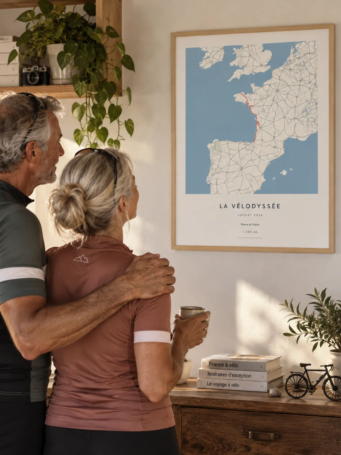 Un couple de cyclistes regarde son affiche trajet de La Vélodyssée encadrée au mur, au-dessus d’une console en bois