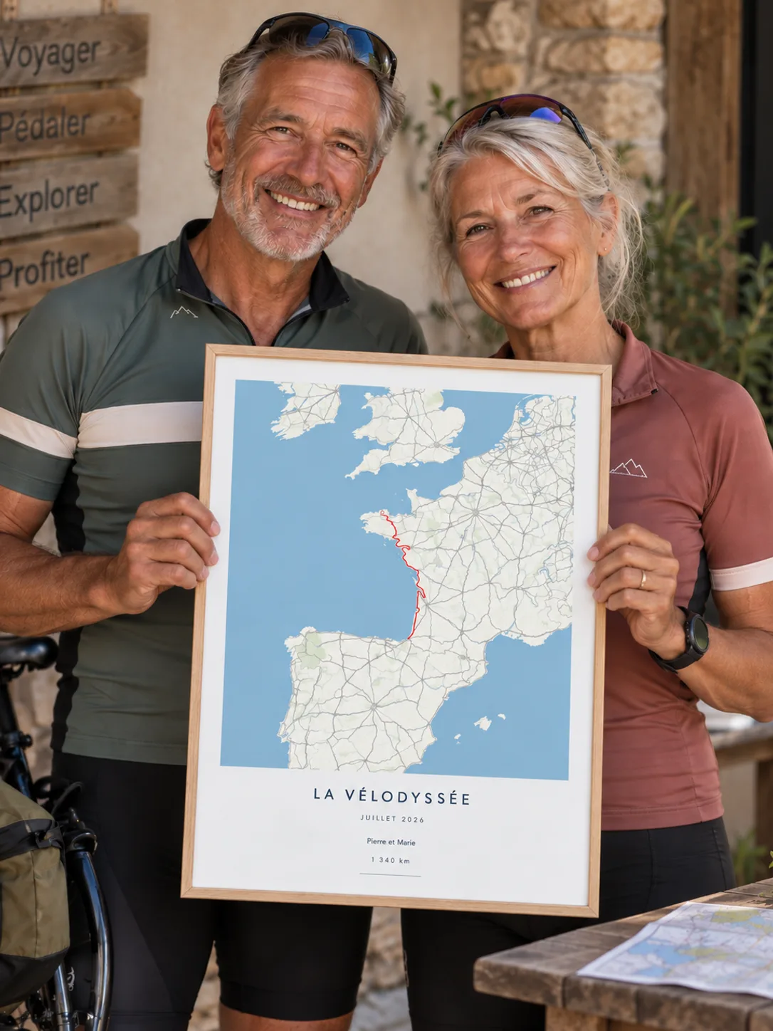 Deux cyclistes tiennent leur affiche trajet personnalisée de La Vélodyssée, 1 340 km, cadre en bois clair