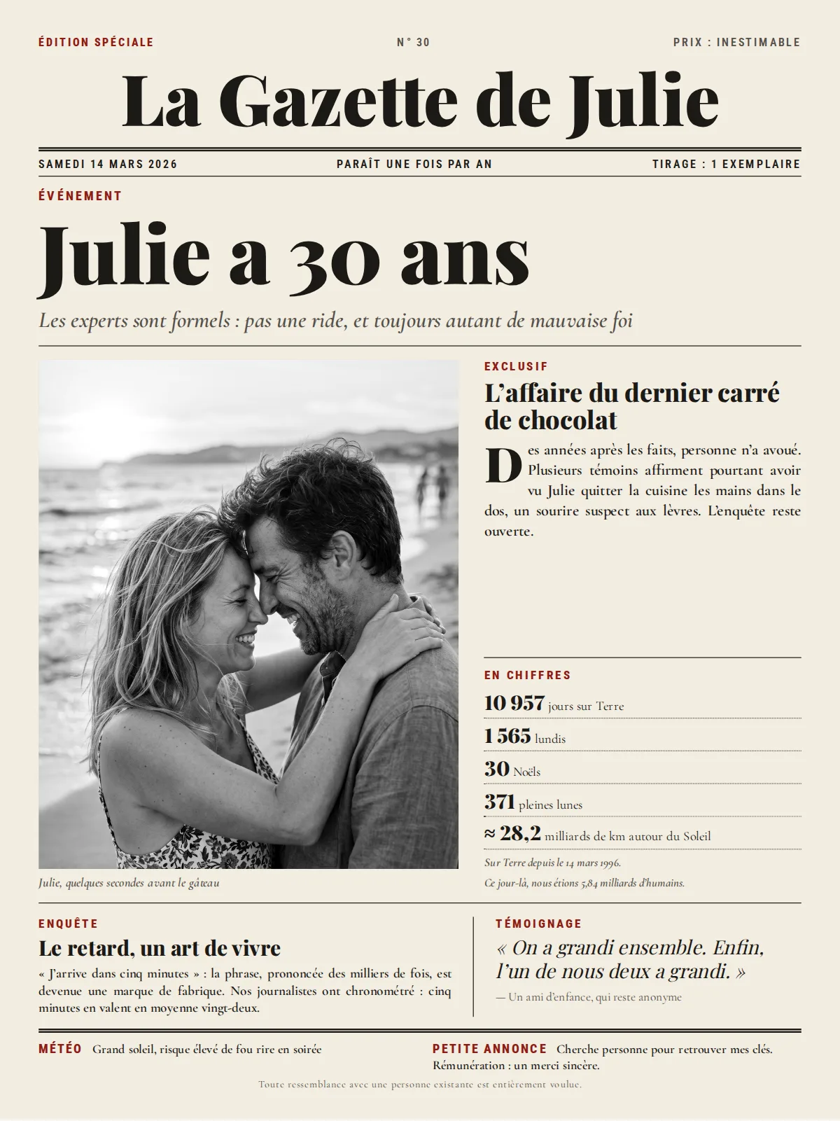Newspaper front page on cream paper: “Édition spéciale”, the masthead “La Gazette de Julie”, headline “Julie a 30 ans”, black-and-white photo of a couple on a beach at sunset, two short stories, a numbers box and a quote, shown in the French version