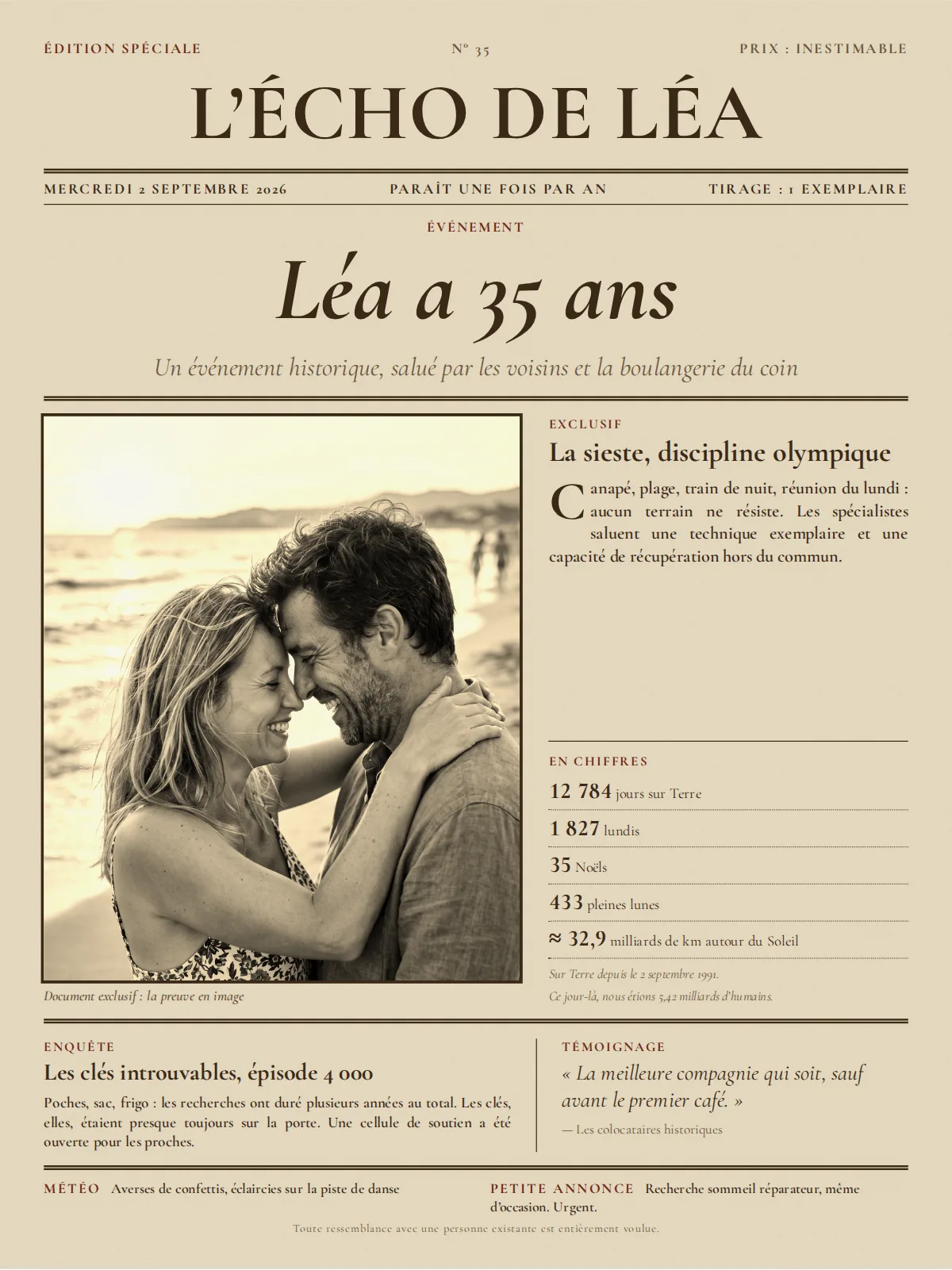 Old-style front page on yellowed paper: “L’Écho de Léa” in capitals, “Léa a 35 ans” in italics, sepia photo of a couple on a beach, two stories and double rules, shown in the French version