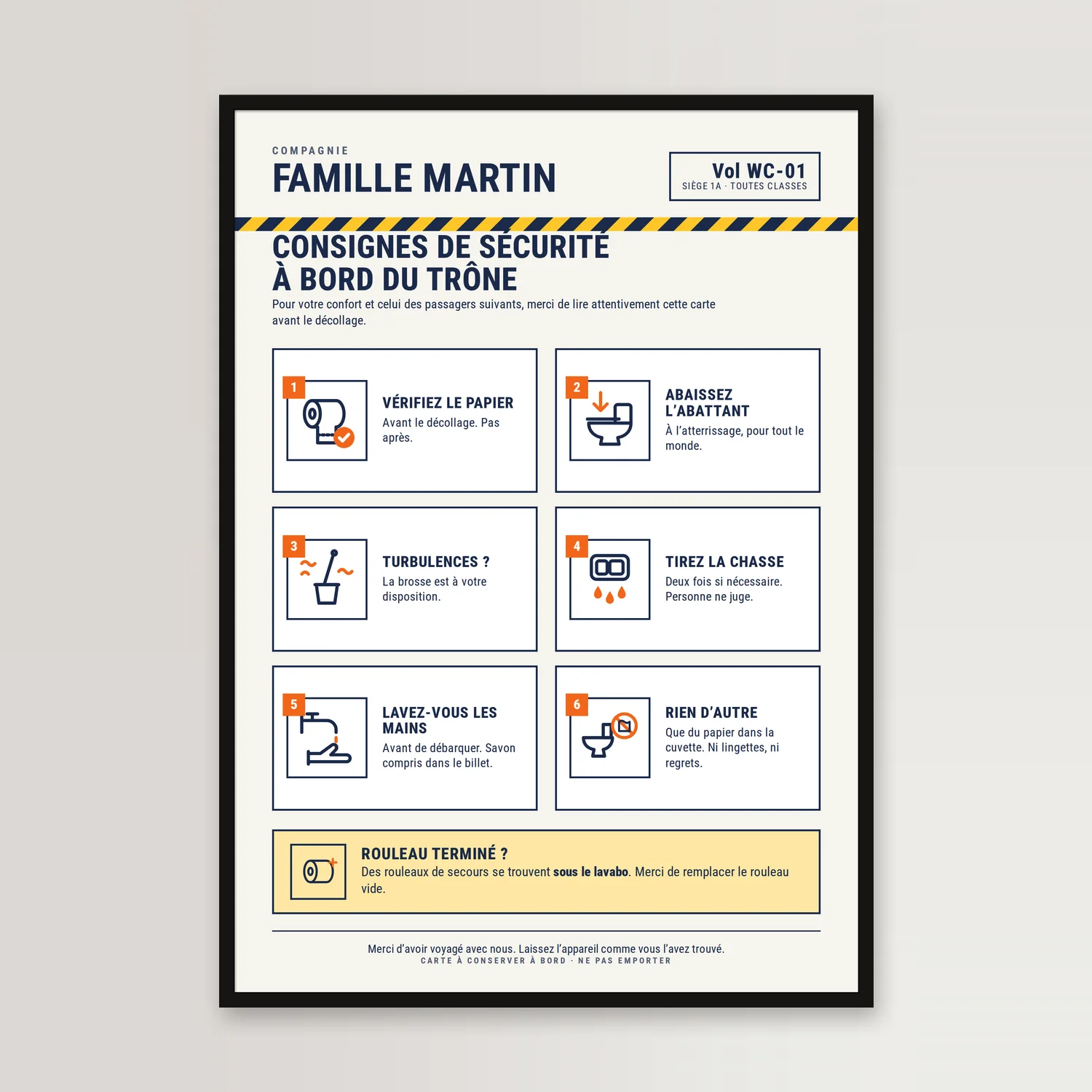 Lustiges WC-Poster im schwarzen Rahmen: Sicherheitskarte wie im Flugzeug für die „Famille Martin“, gelb-blaue Warnstreifen, sechs illustrierte Hinweise, in der französischen Fassung gezeigt