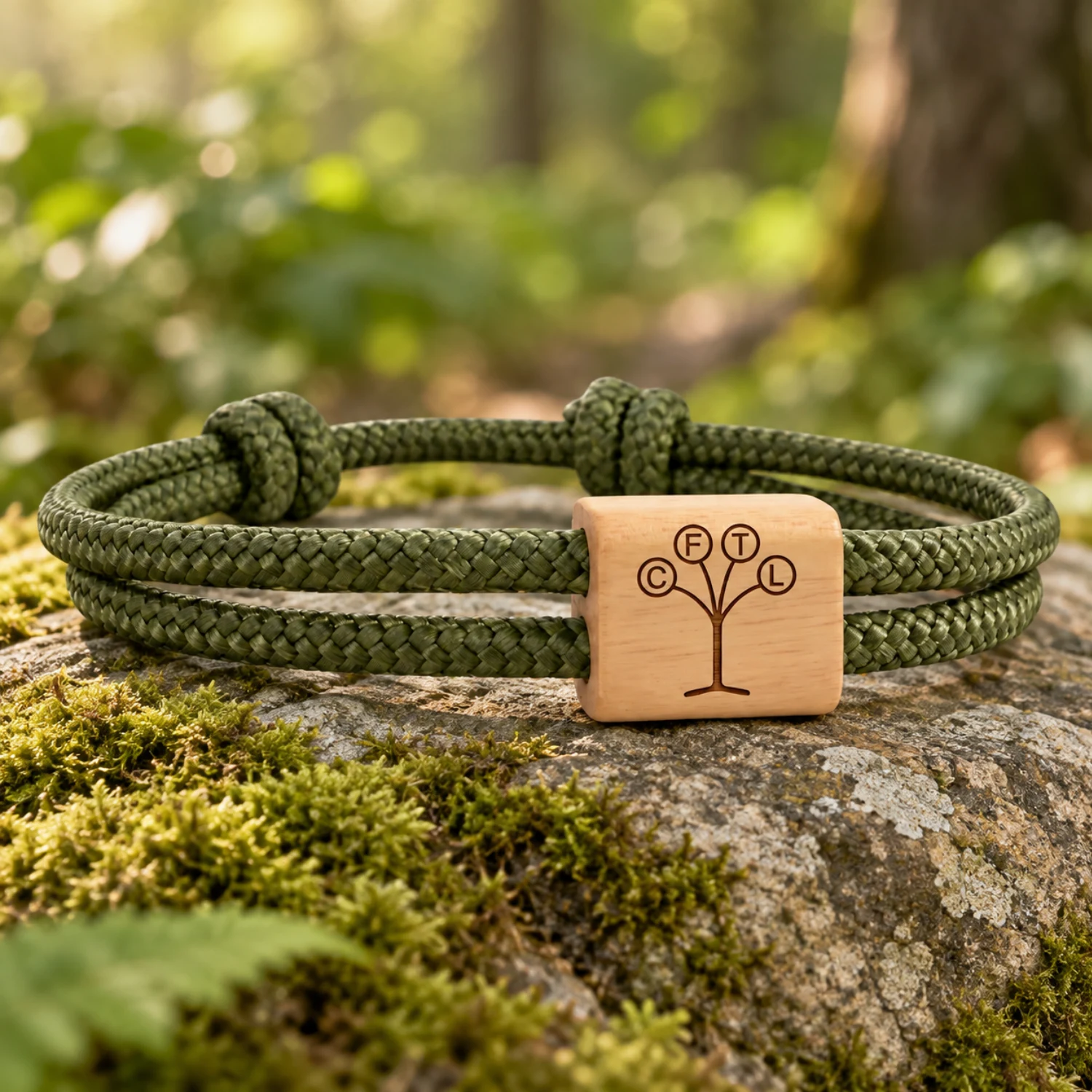 Le bracelet Arbre de famille à cordon vert olive posé sur une pierre couverte de mousse en sous-bois ; l’arbre gravé porte les initiales C, F, T et L.
