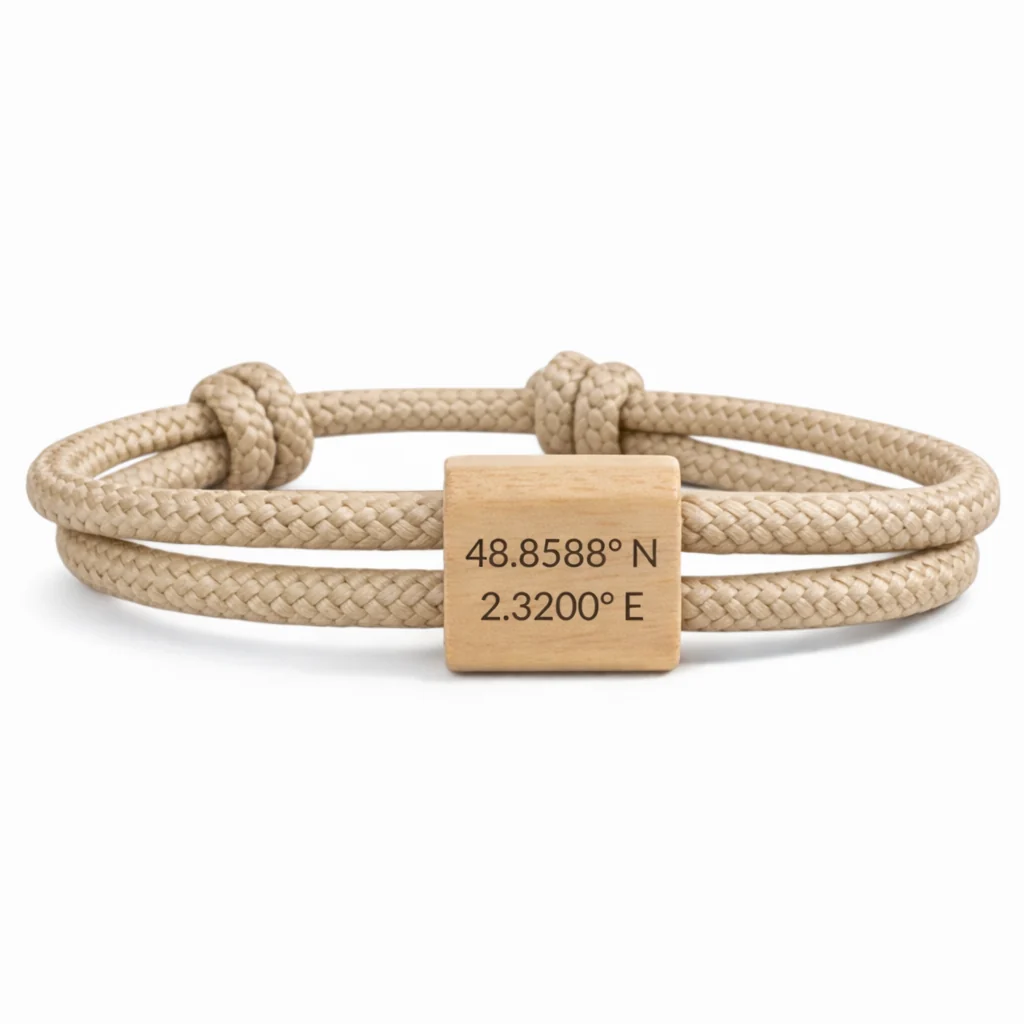 Coordonnées gravées sur le passant, cordon beige sable