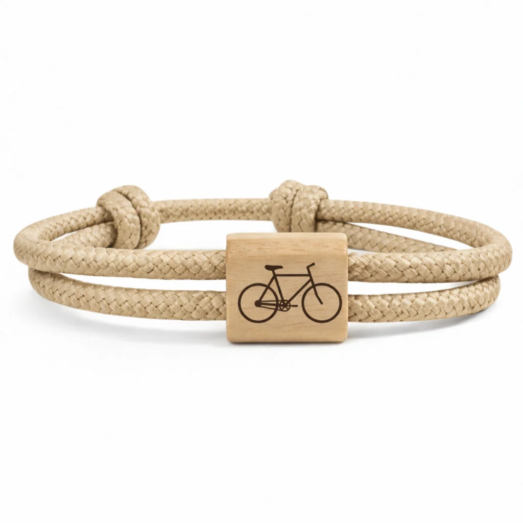 Silhouette de vélo de ville gravée sur le passant, cordon beige