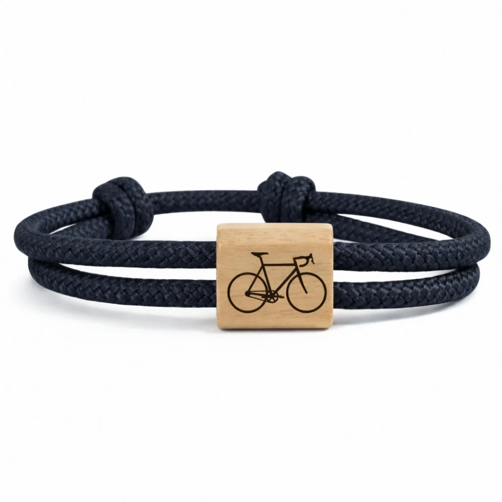 Silhouette de vélo de course gravée sur le passant, cordon bleu navy