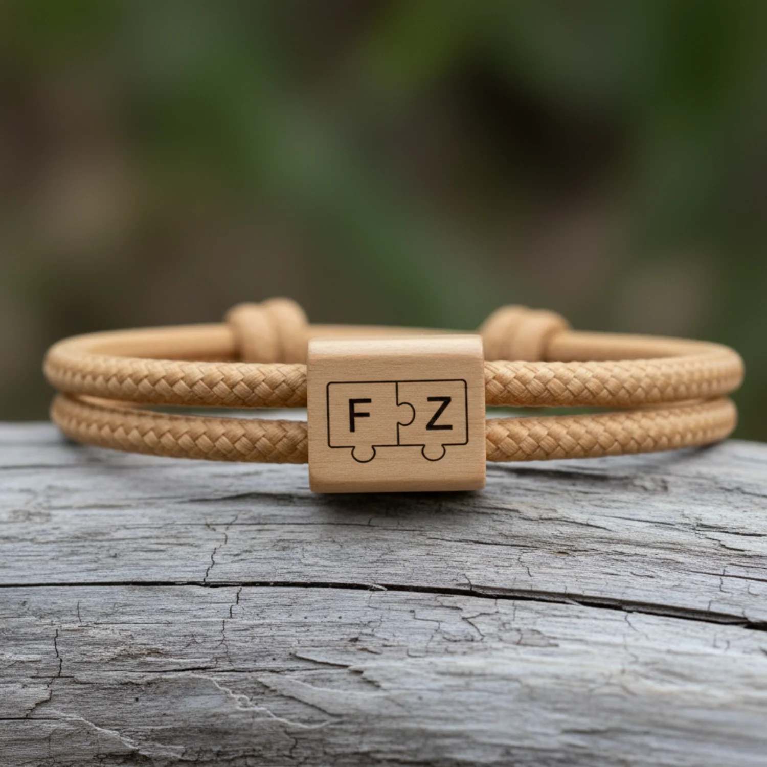 Bracelet caramel posé sur un tronc en bois flotté, végétation floue en fond