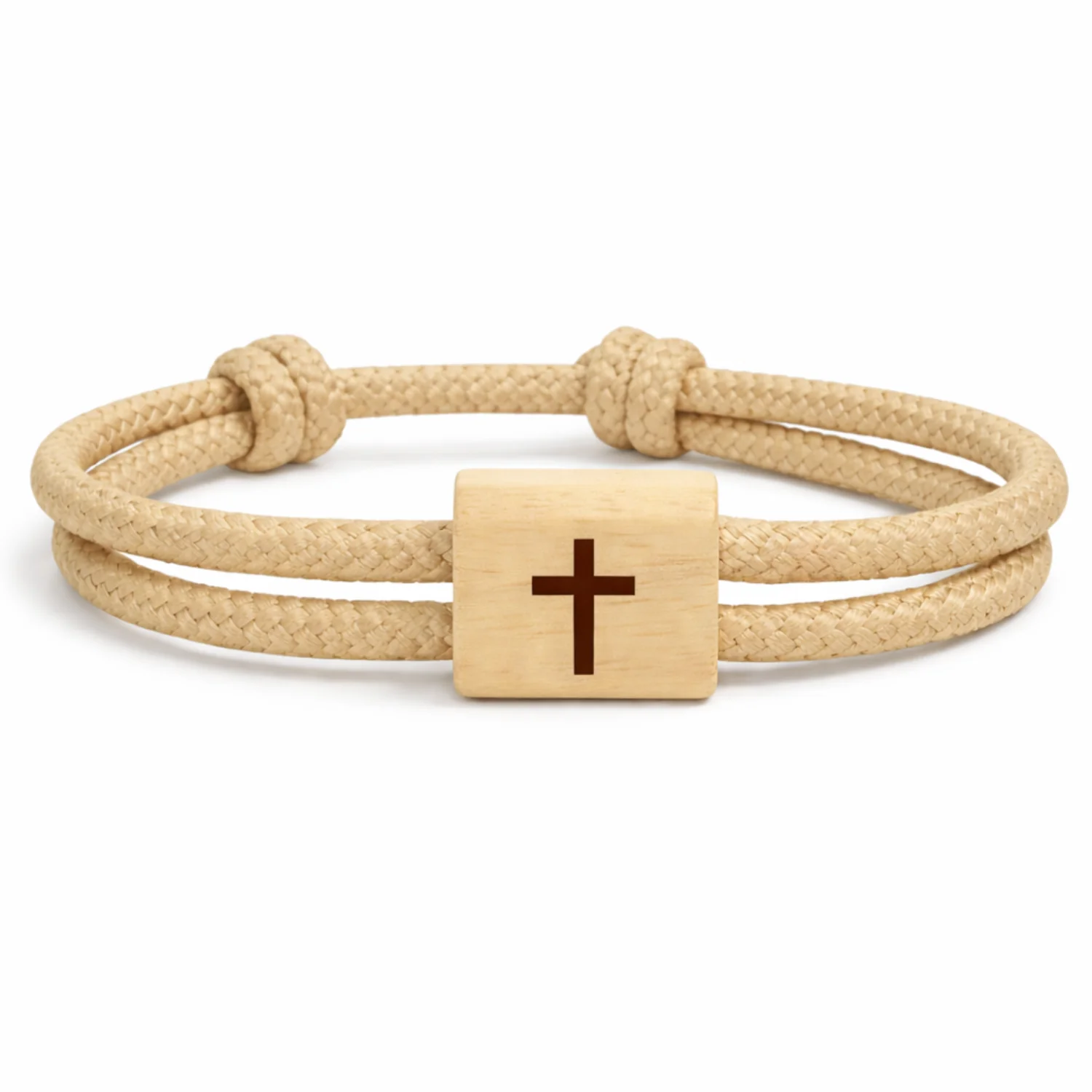 Croix latine gravée sur un passant en bois clair, cordon beige double tour
