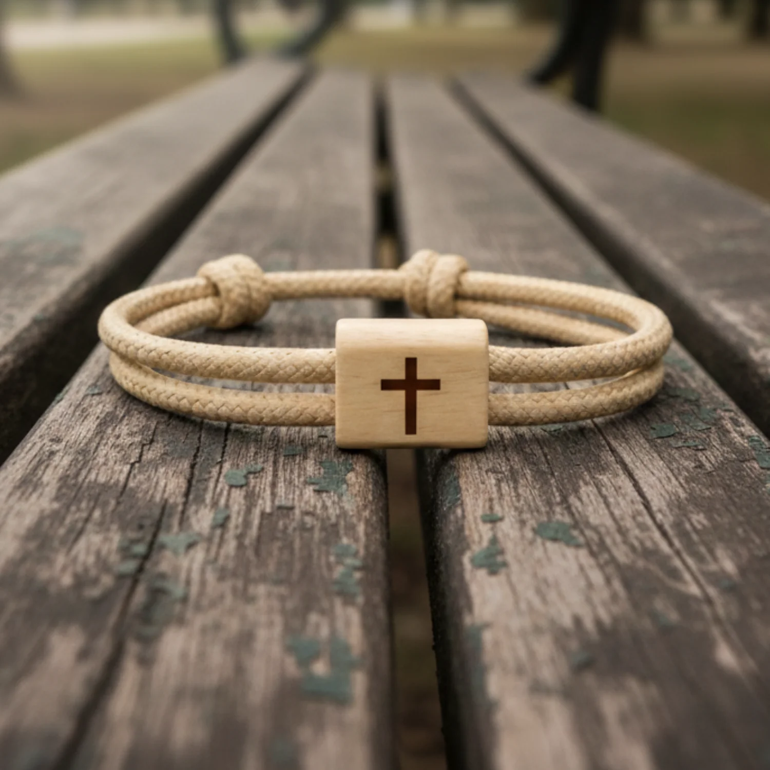 Bracelet beige posé sur les lattes d'un banc en bois, en extérieur