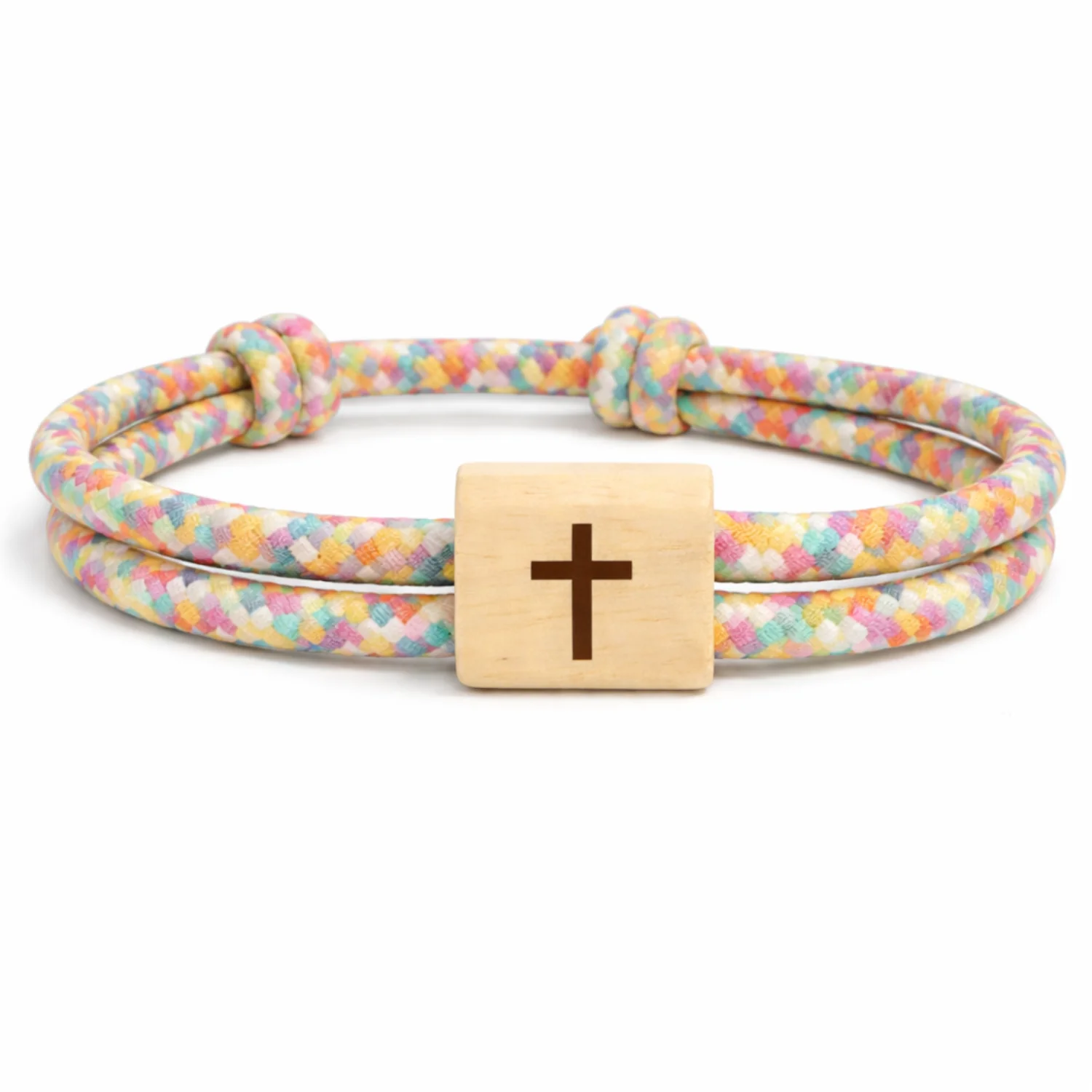 Cordon multicolore pastel Flower Power, croix gravée sur le passant