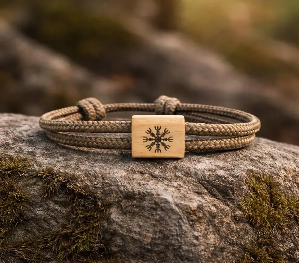 Bracelet beige posé sur un rocher moussu en forêt