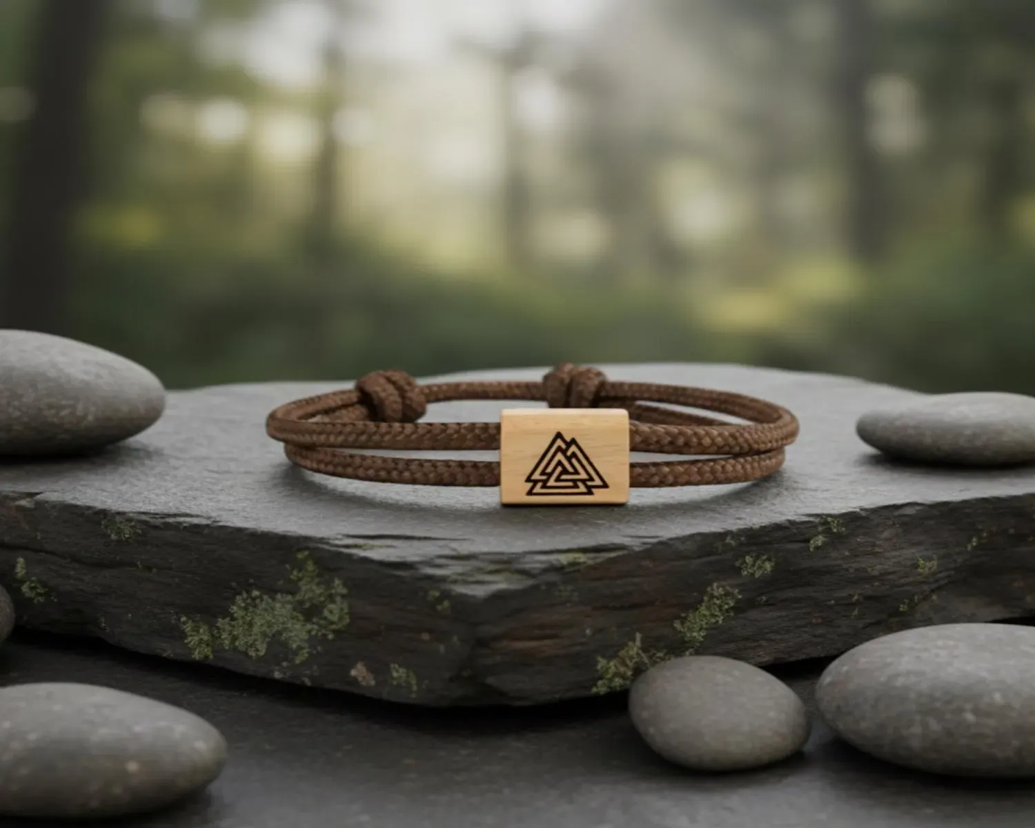 Bracelet marron sur une pierre plate entourée de galets