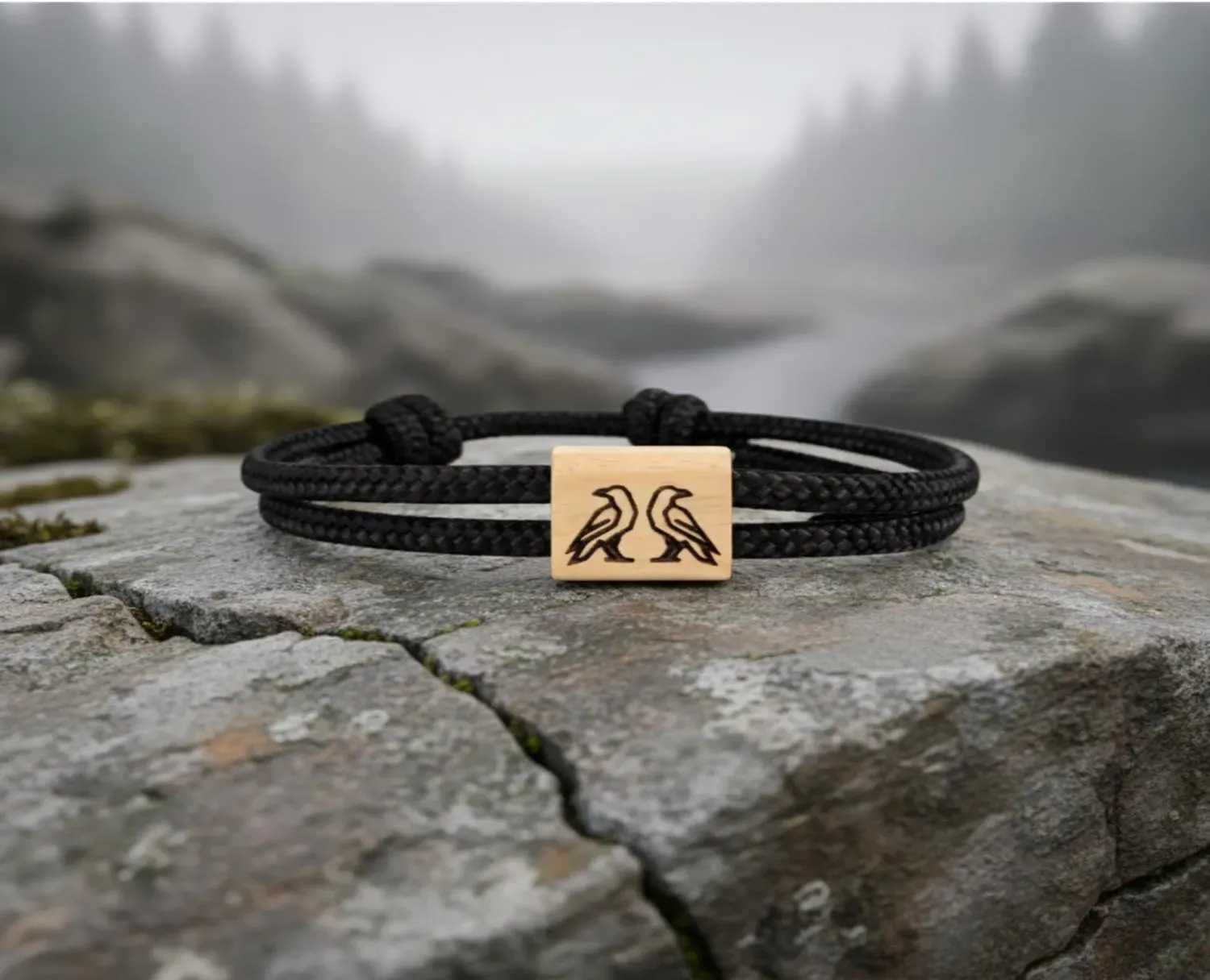 Bracelet noir gravé des corbeaux d'Odin, lac et forêt dans la brume
