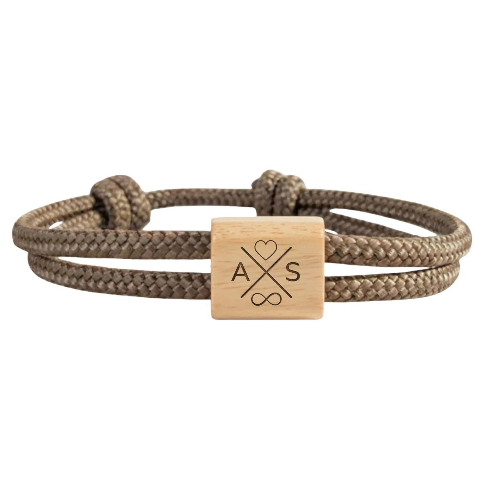 Initiales A et S autour d'une croix, cœur au-dessus et infini en dessous, cordon taupe