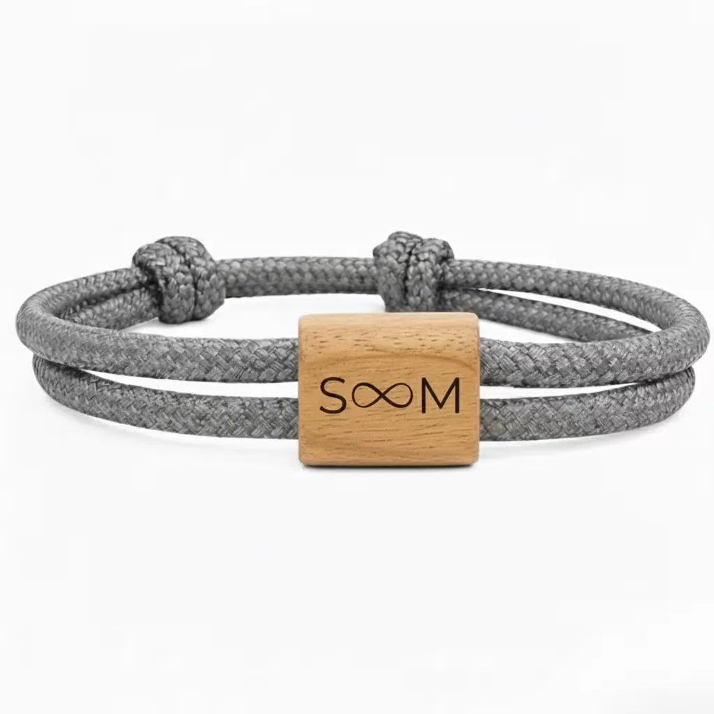 Initials S and M separated by an infinity symbol, charcoal grey cord