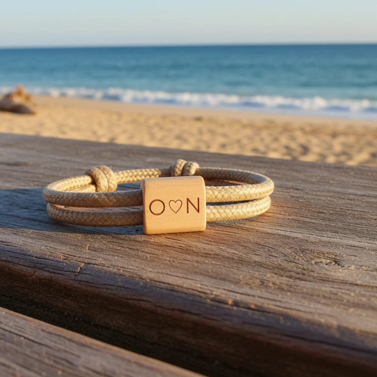 Deux bracelets gravés O et N posés sur un bois flotté, plage en arrière-plan