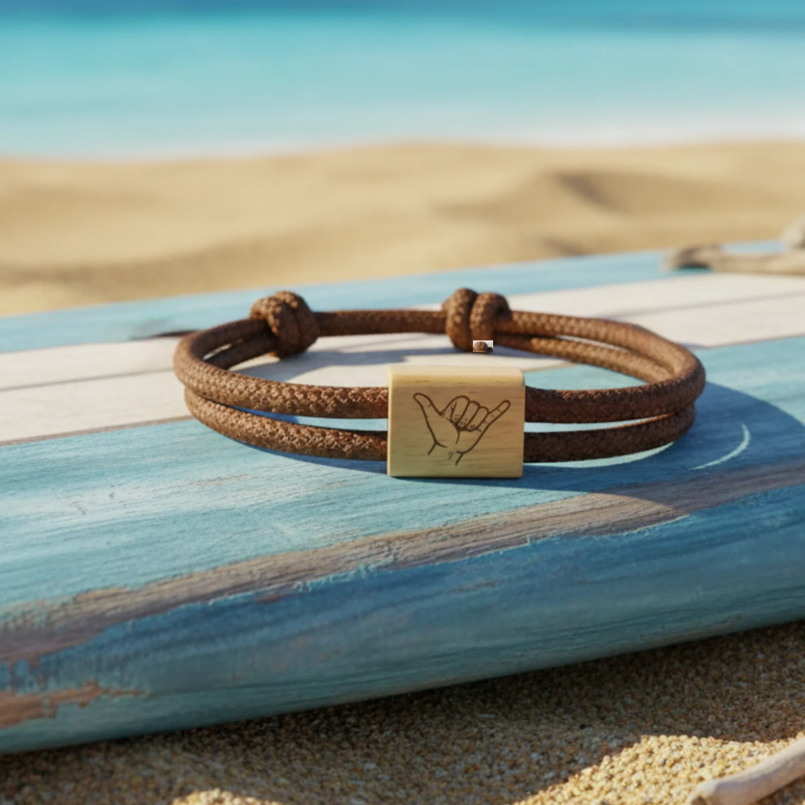 Bracelet marron posé sur une planche de surf, sable et mer en arrière-plan